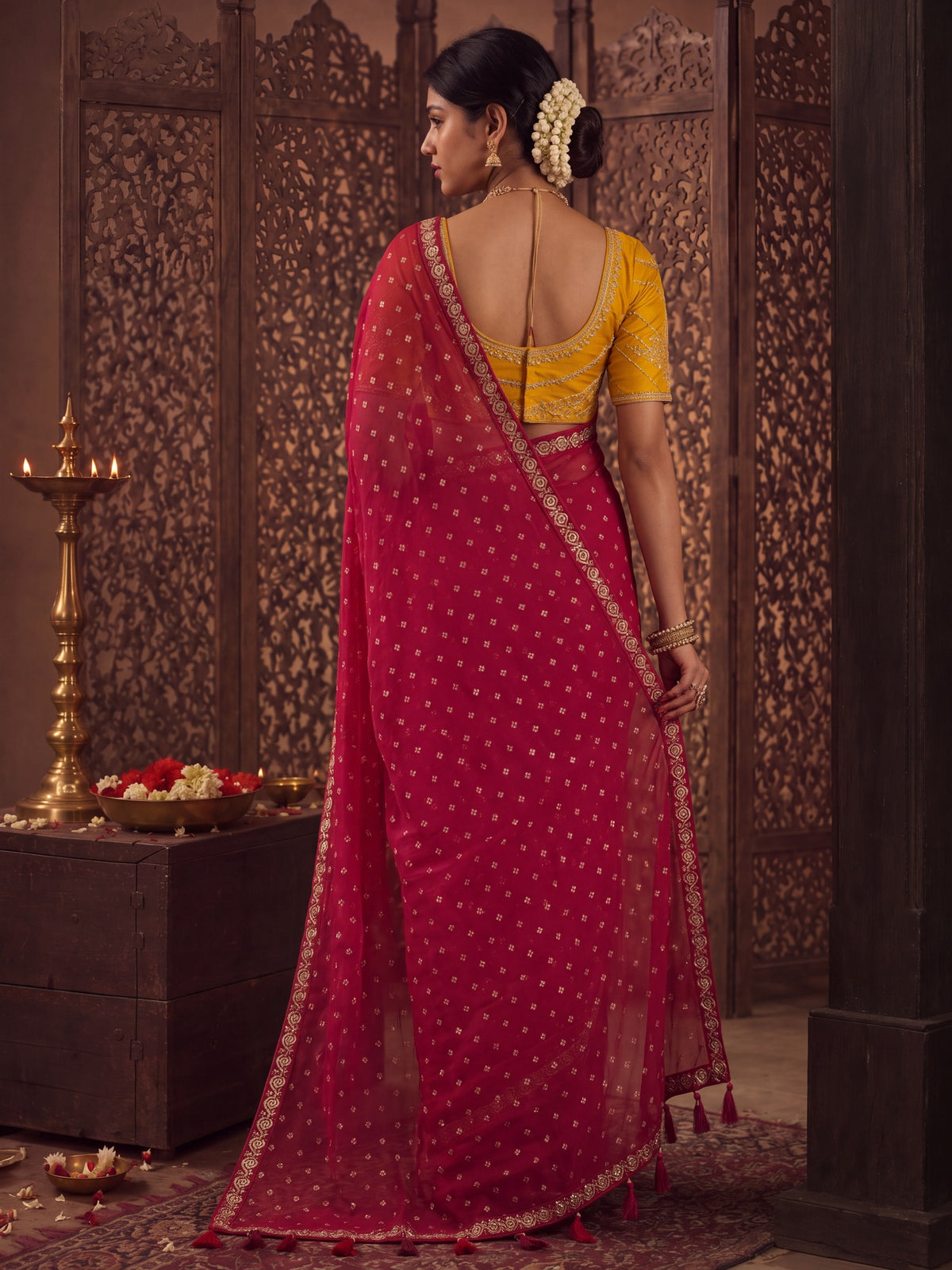 Red Chiffon saree – detail view 3