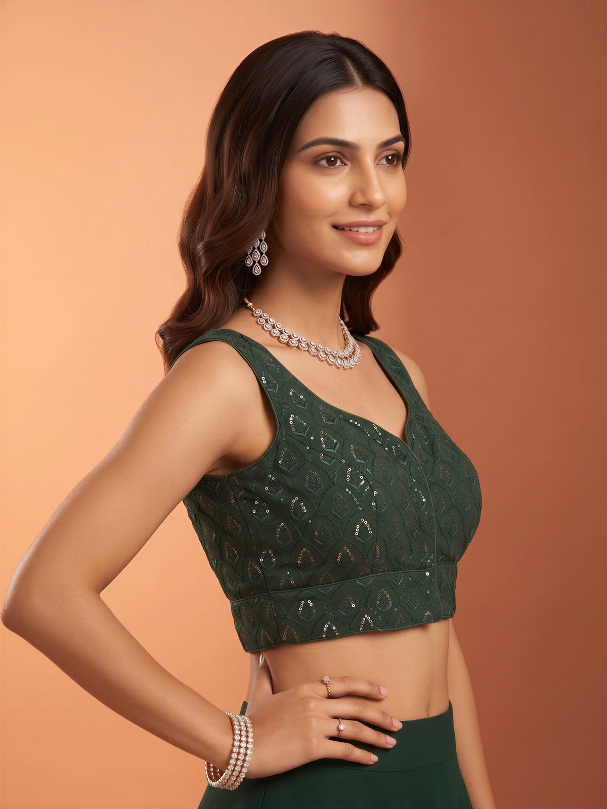 Green sequin embroidered georgette sleeveless readymade saree blouse with sweetheart neck view 2