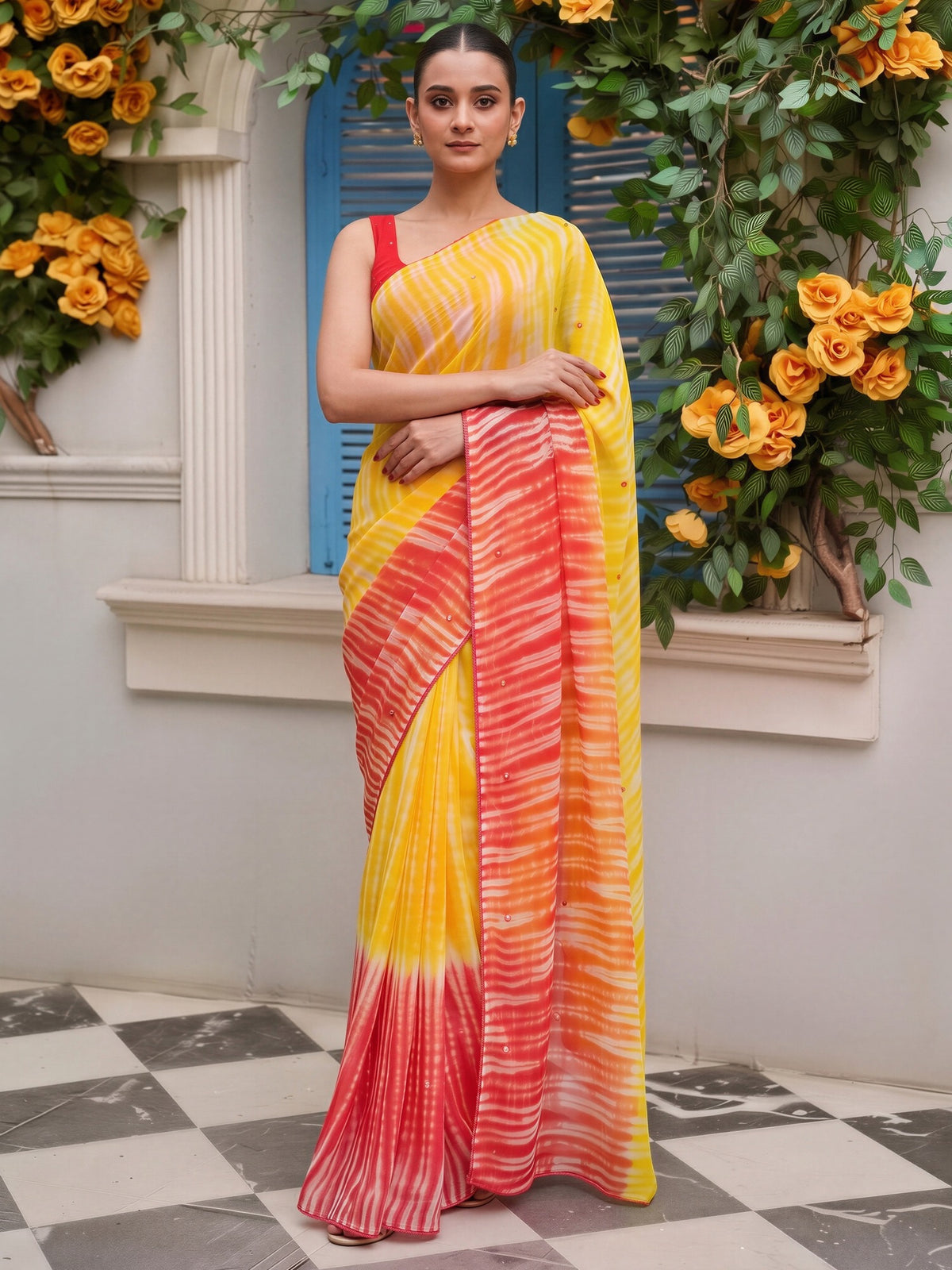 Yellow georgette saree view 3