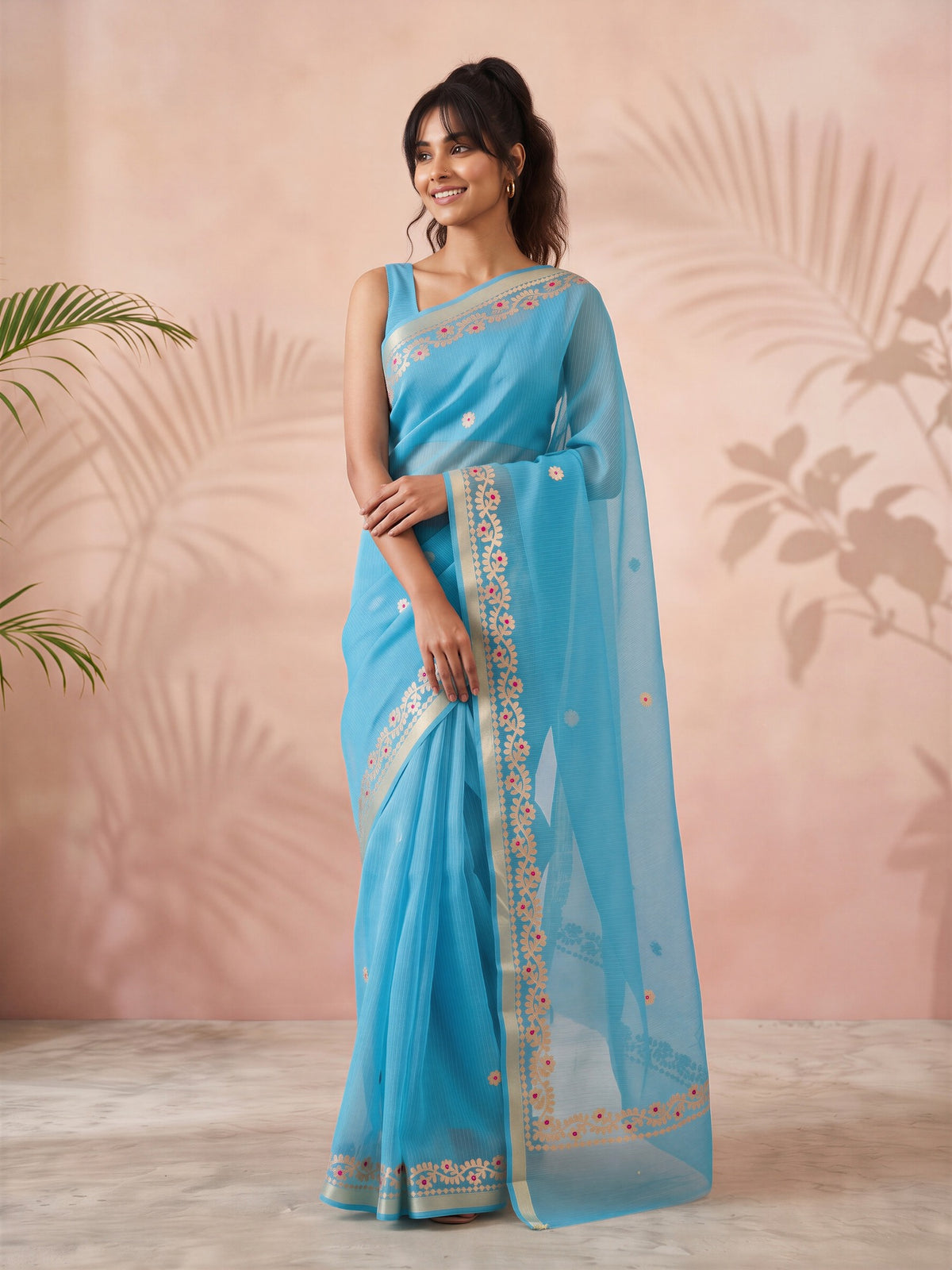 Turquoise Blue Kota Doria Cotton saree – detail view 3