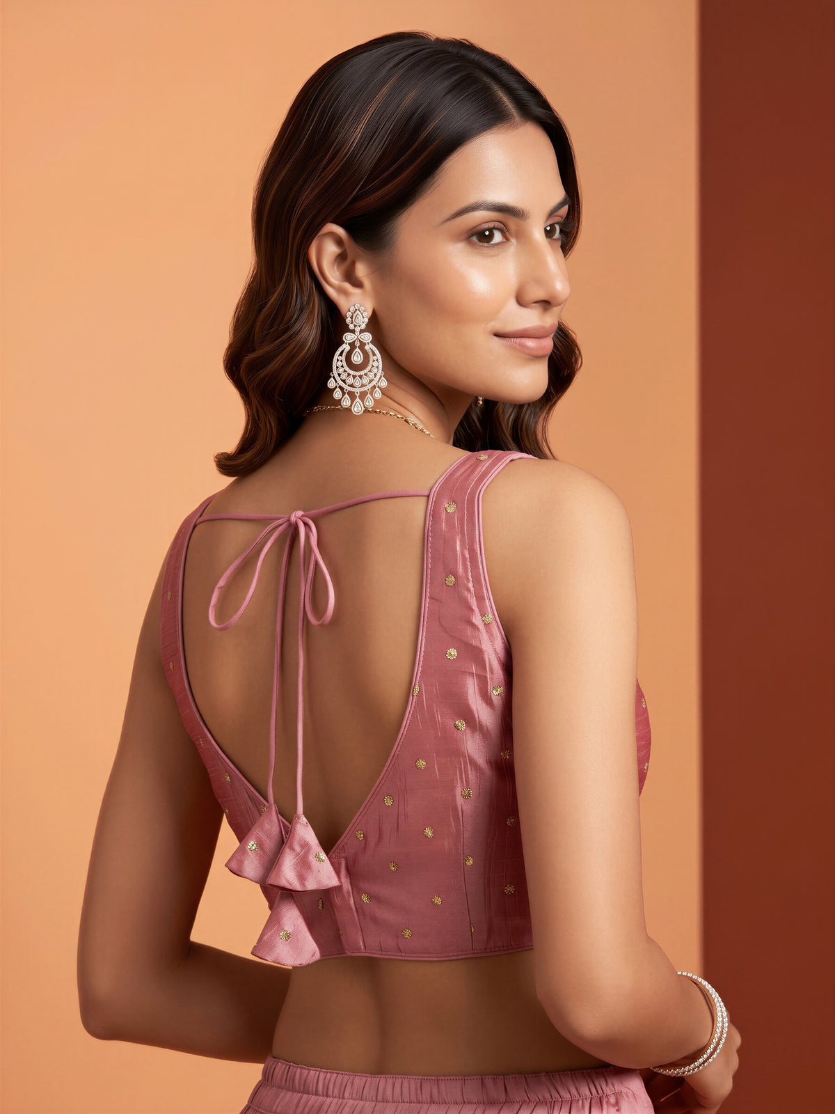 Rose Gold sequin embellished silk blend sleeveless readymade saree blouse with v neck view 1