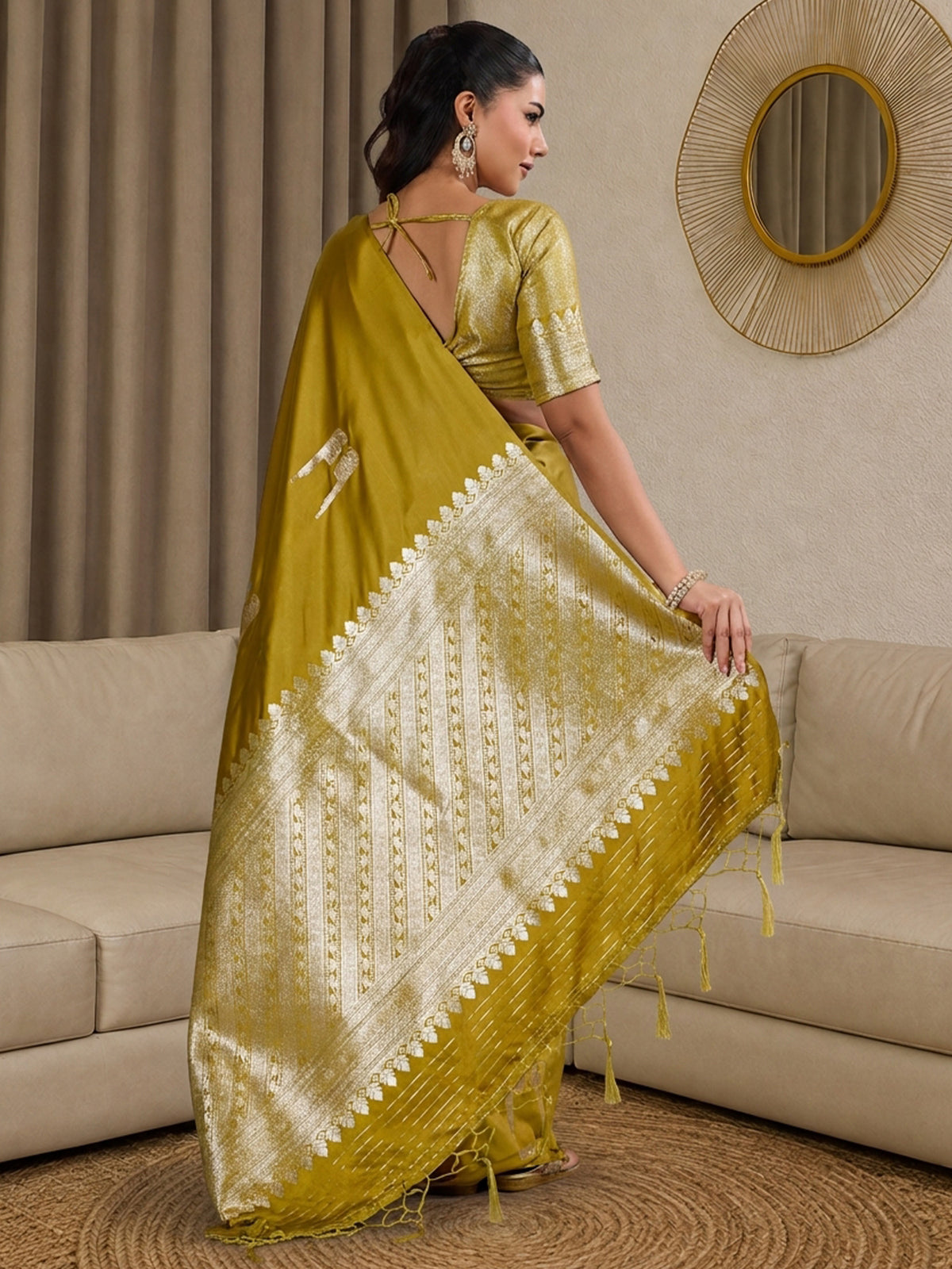Olive Satin saree – detail view 1