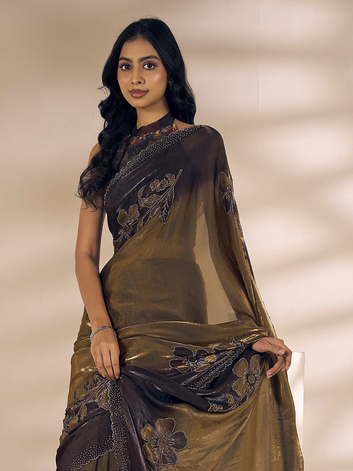 Olive satin silk saree view 1