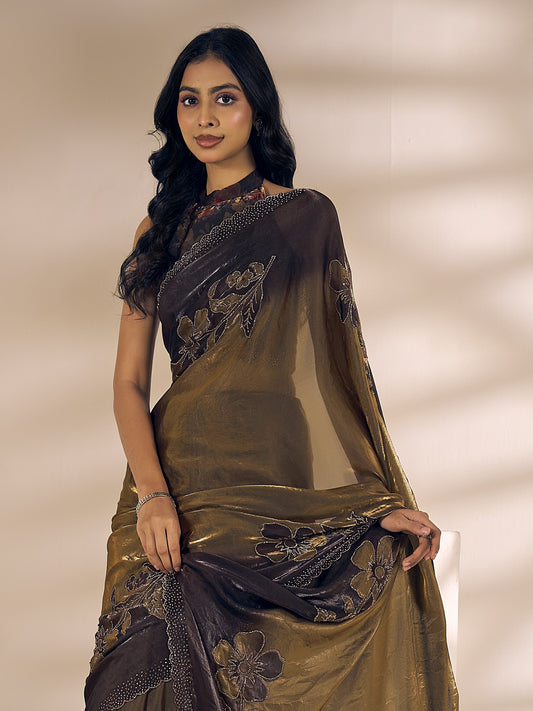 Olive satin silk saree view 1