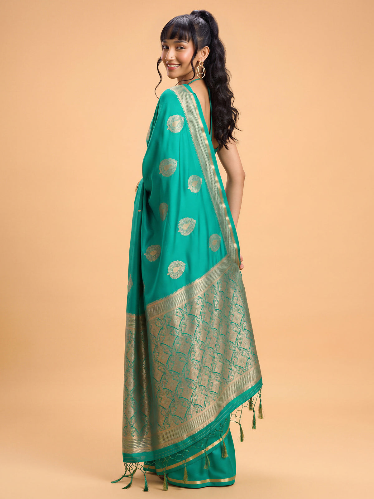 Teal Green Satin Silk saree – detail view 1