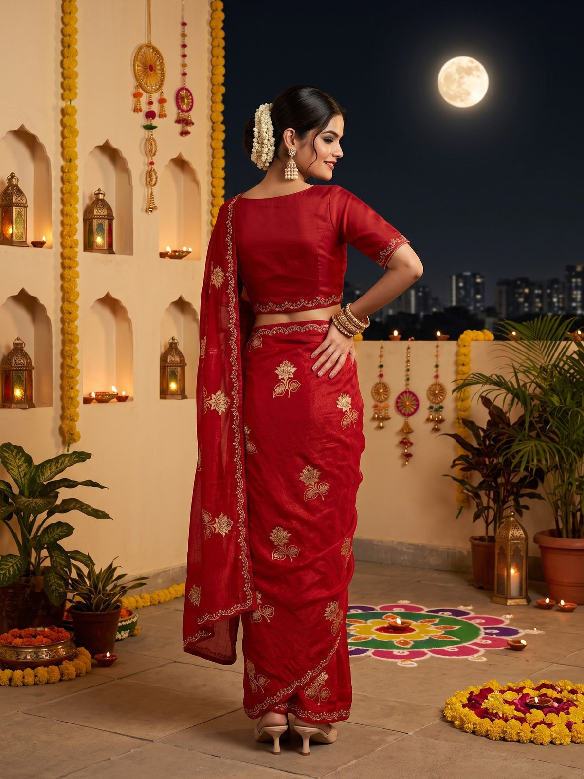 Red Georgette saree – detail view 1