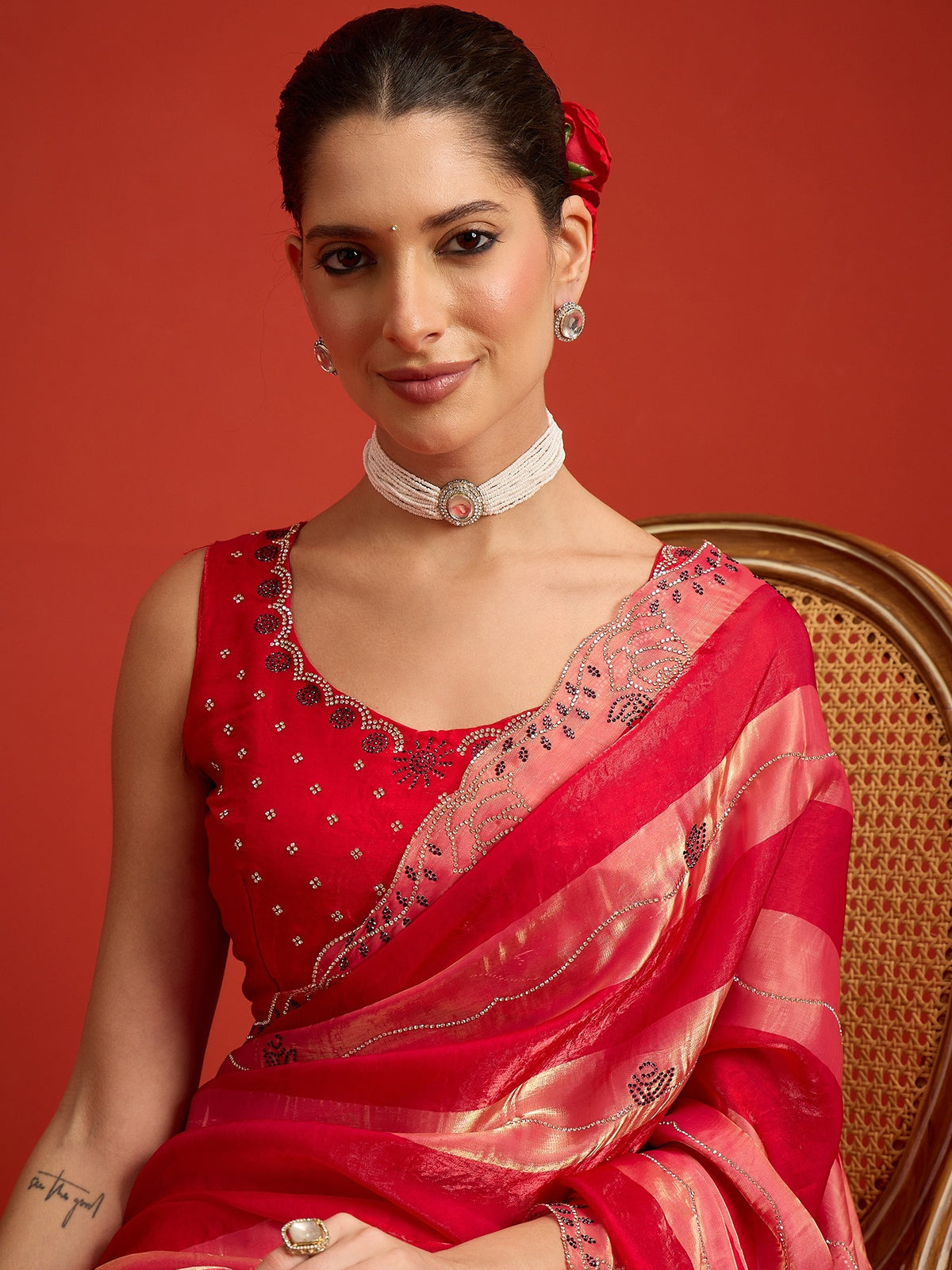 Pink Satin Silk saree – detail view 3