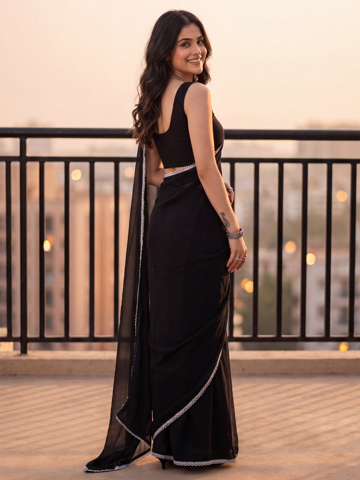 Black Georgette saree – detail view 1