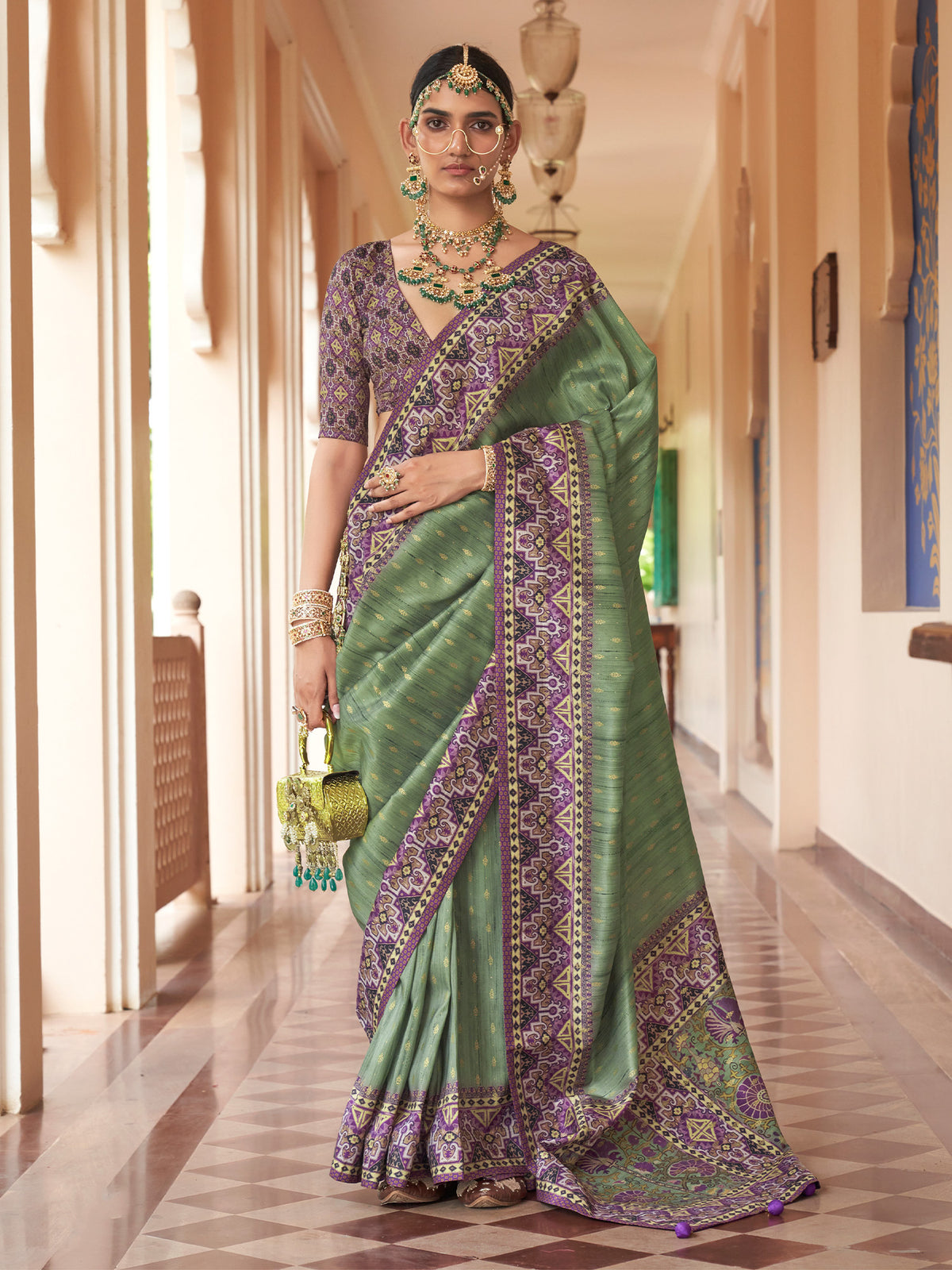 Light Green foil silk blend saree with purple blouse piece