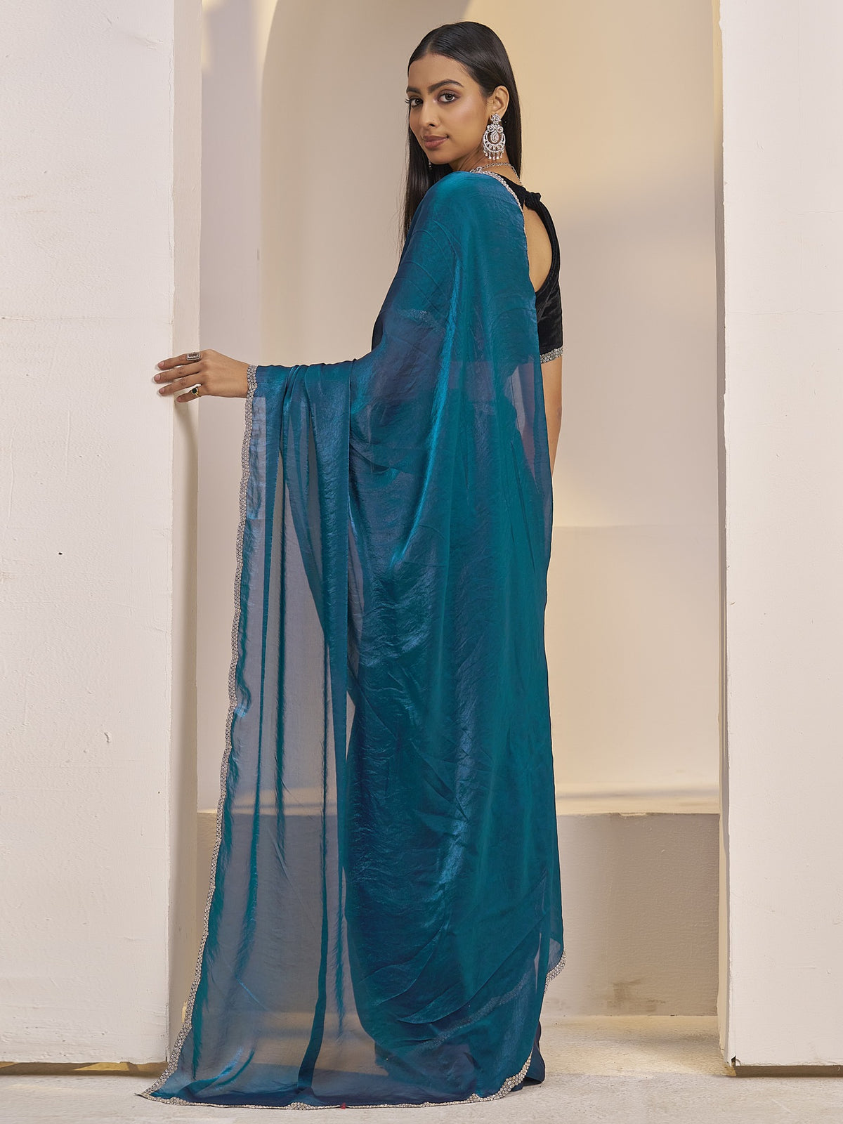 Teal Blue satin silk saree view 5
