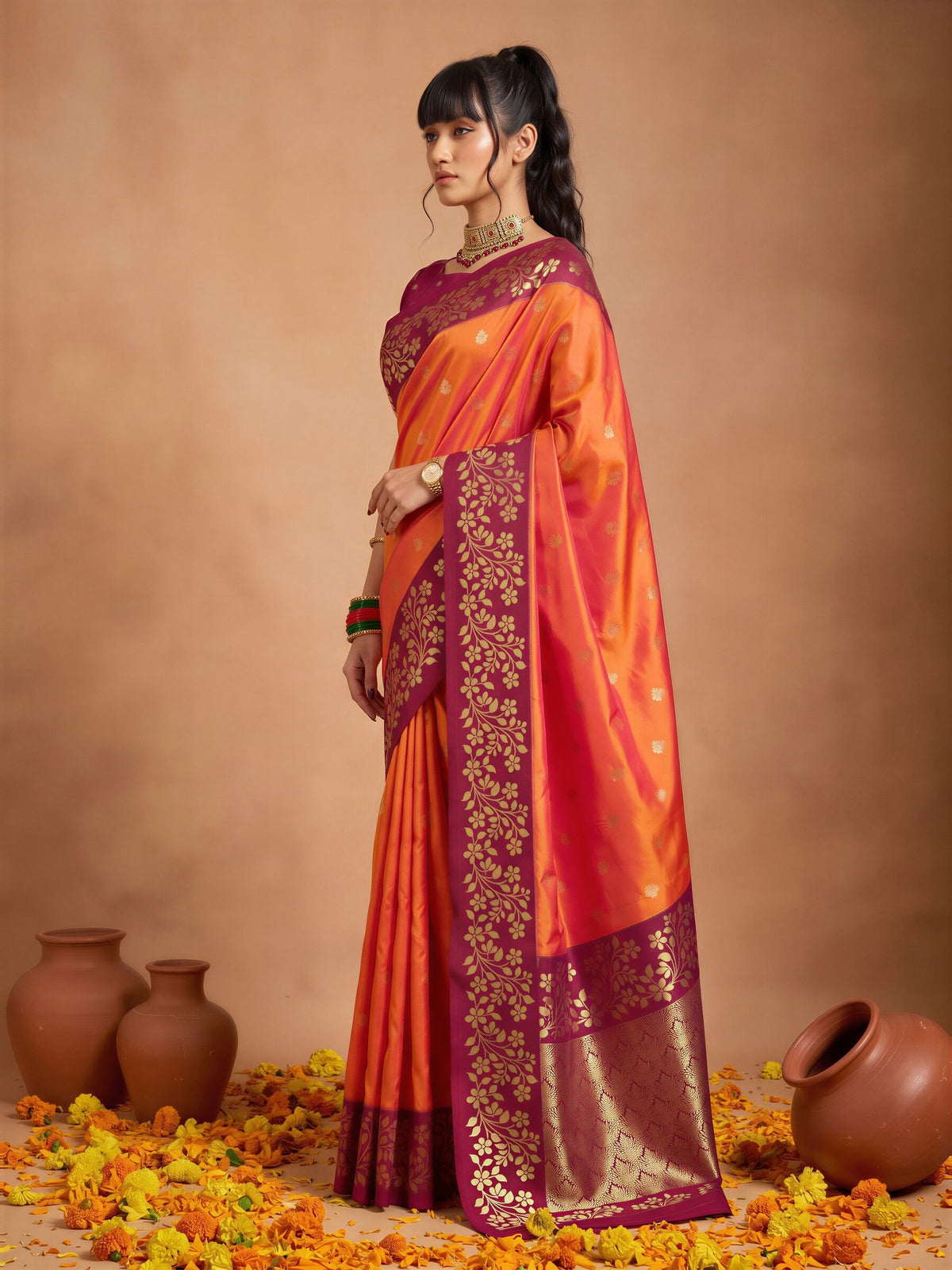 Orange Cotton Blend saree – detail view 2