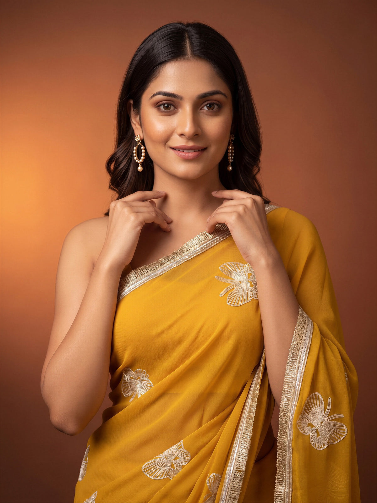 Yellow Georgette saree – detail view 4
