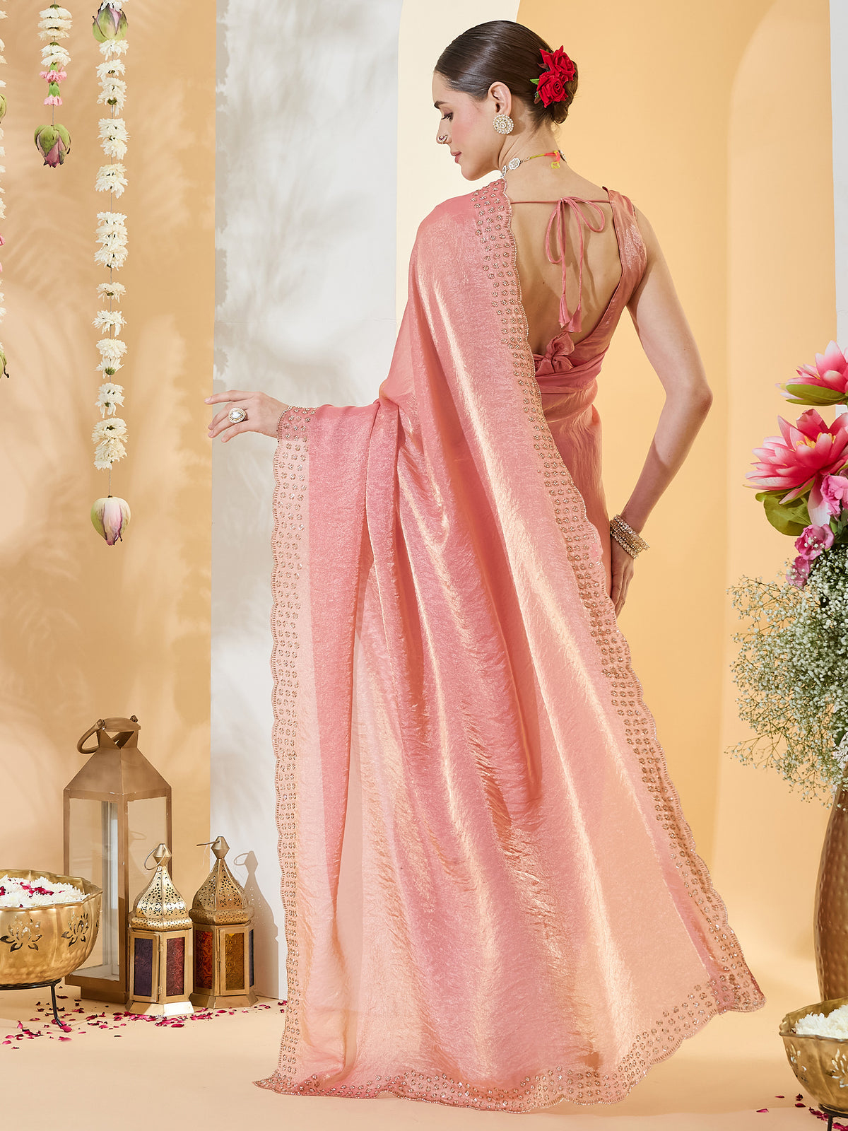 Peach Satin saree – detail view 1