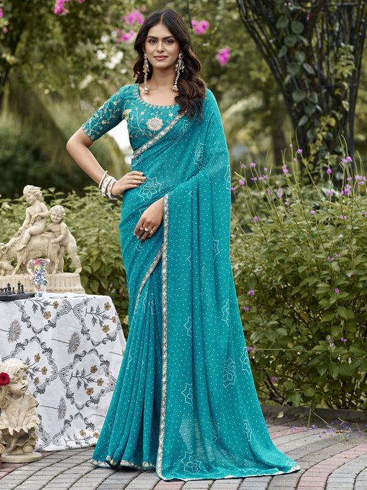 Turquoise Blue bandhani georgette saree with turquoise blue blouse piece