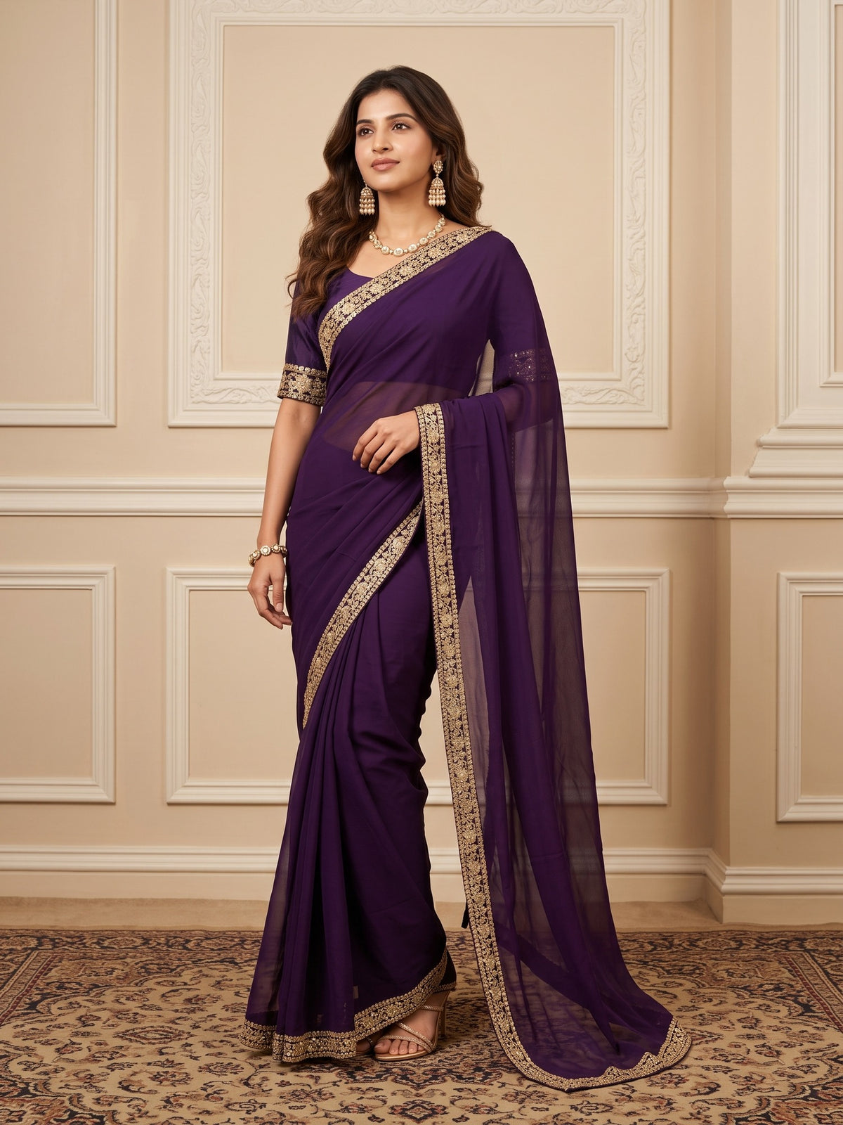 Woman wearing purple satin silk saree with clean solid-tone finish and purple blouse
