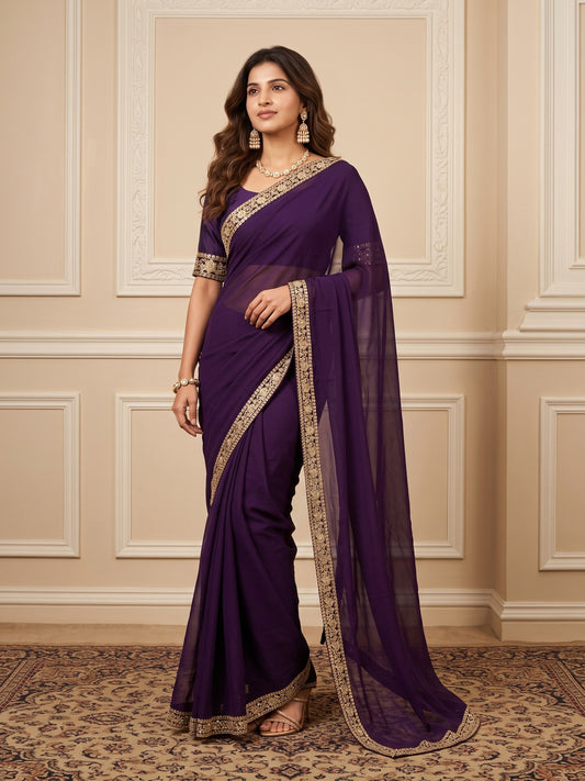 Woman wearing purple satin silk saree with clean solid-tone finish and purple blouse