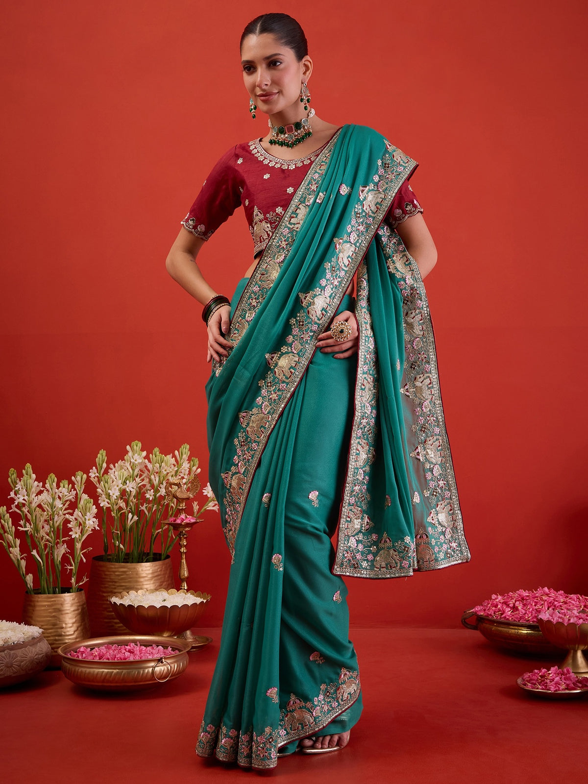 Teal Green Georgette saree – detail view 5