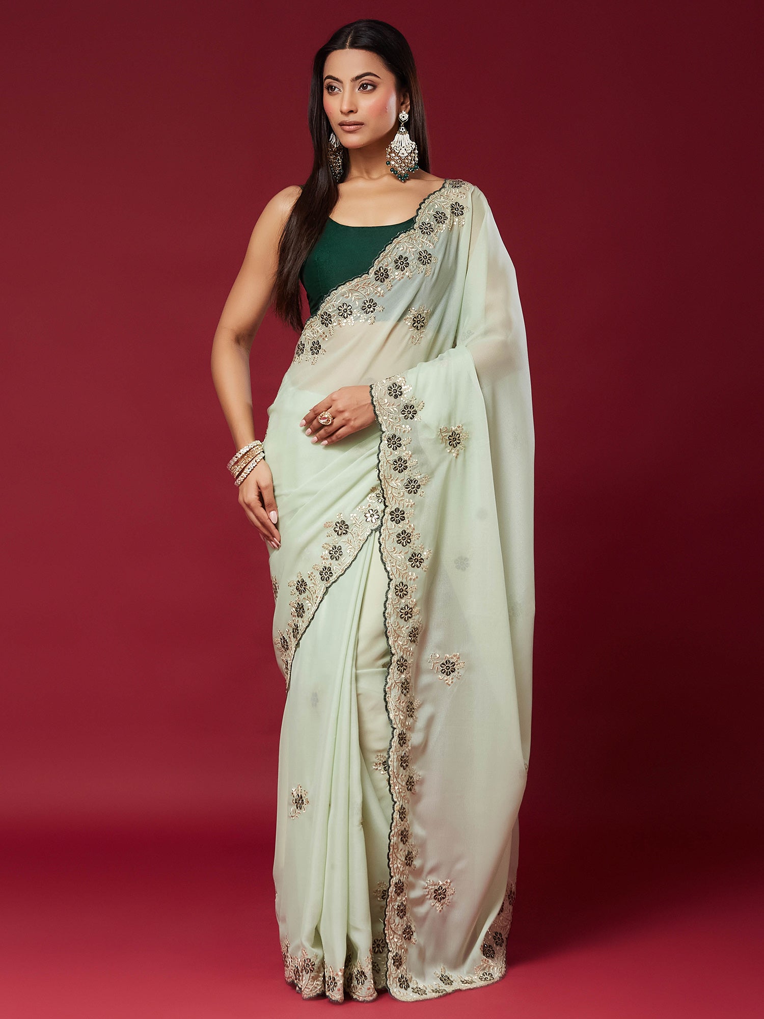 Woman wearing mint green georgette saree with embroidered motif work and green blouse