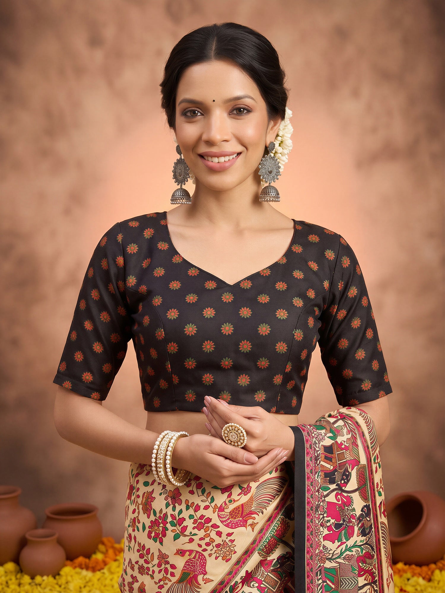 Unstitched black silk blend blouse piece with ethnic motif design
