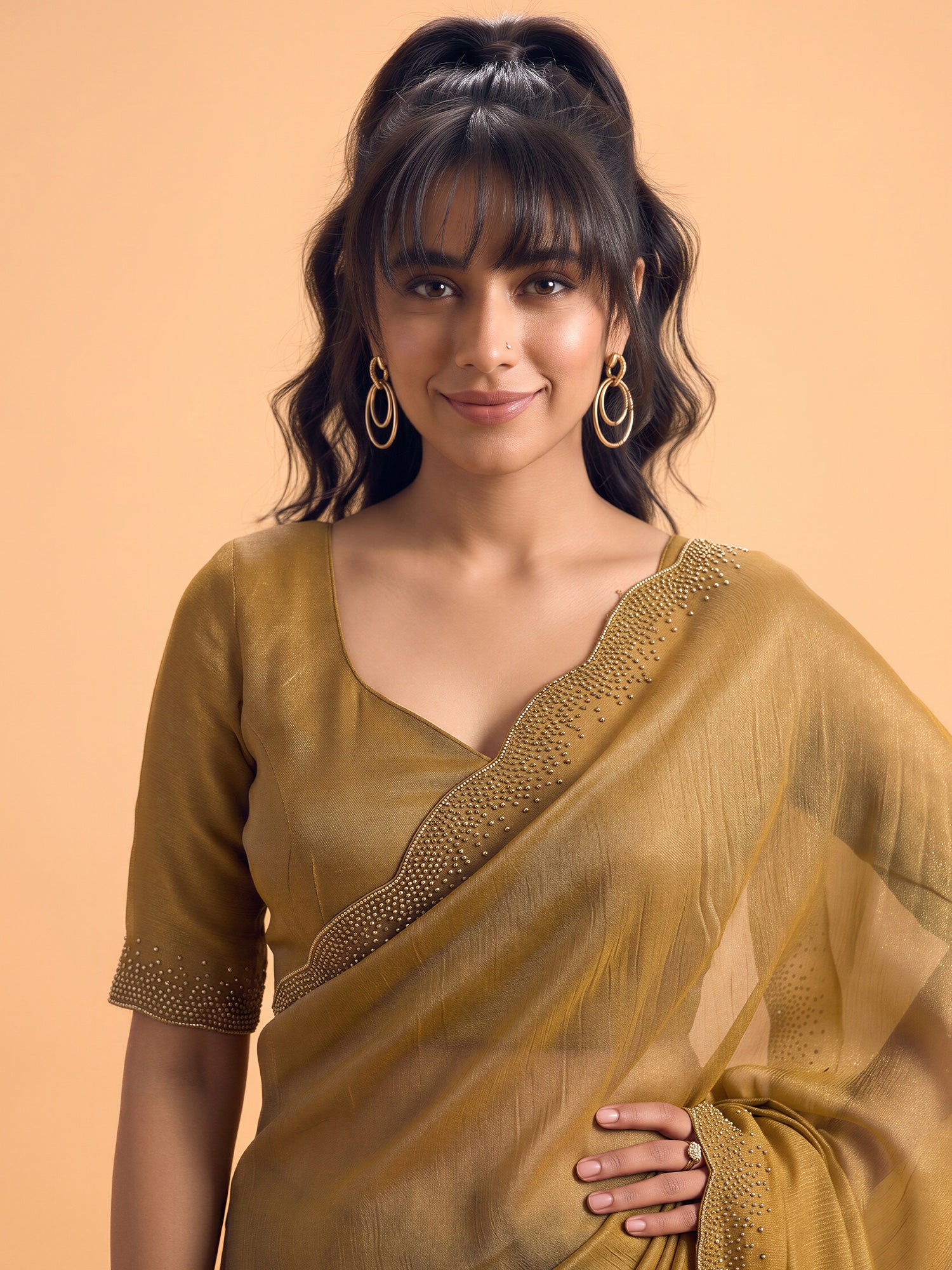 Gold Satin Silk saree – detail view 4