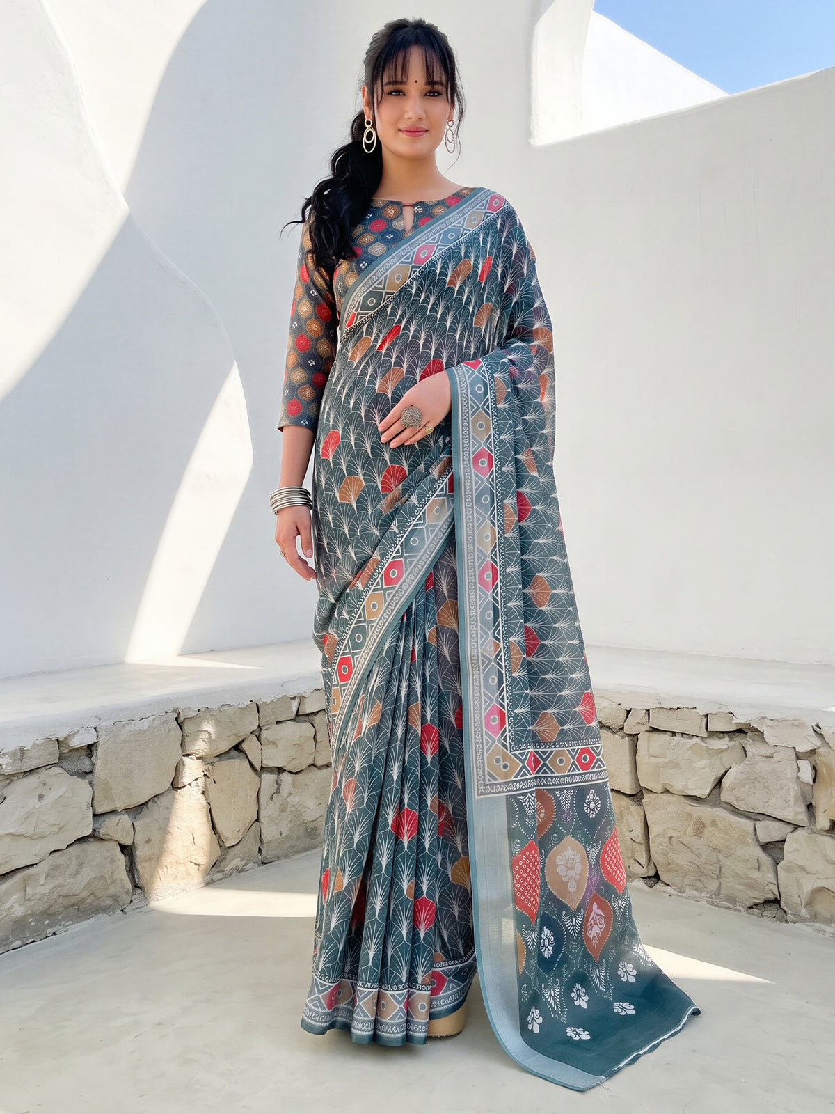 Sea Green Cotton Linen saree – detail view 2