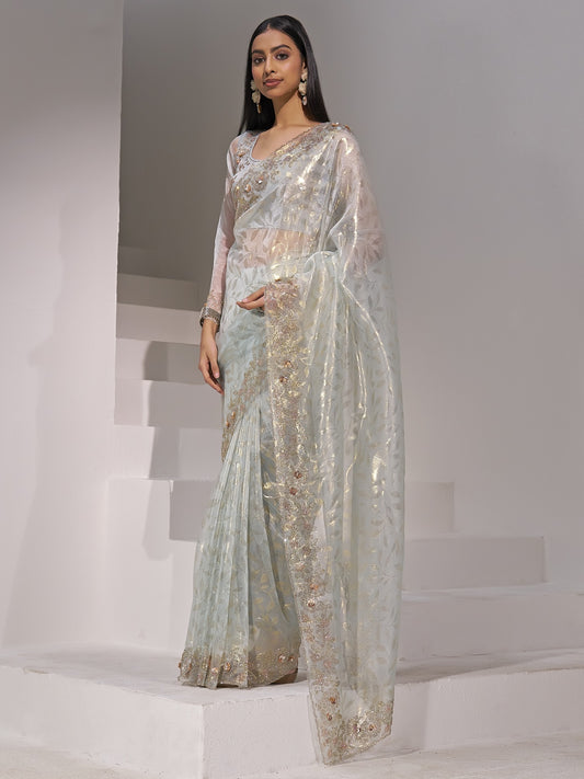 Light Blue organza saree view 1