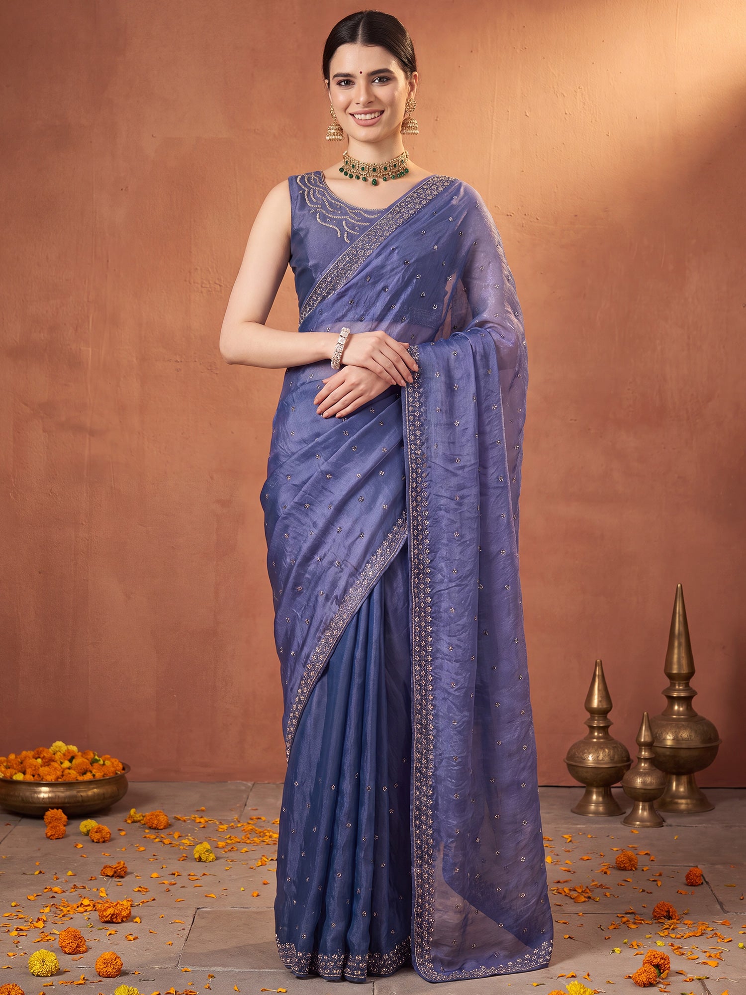 Blue Satin Silk saree – detail view 3
