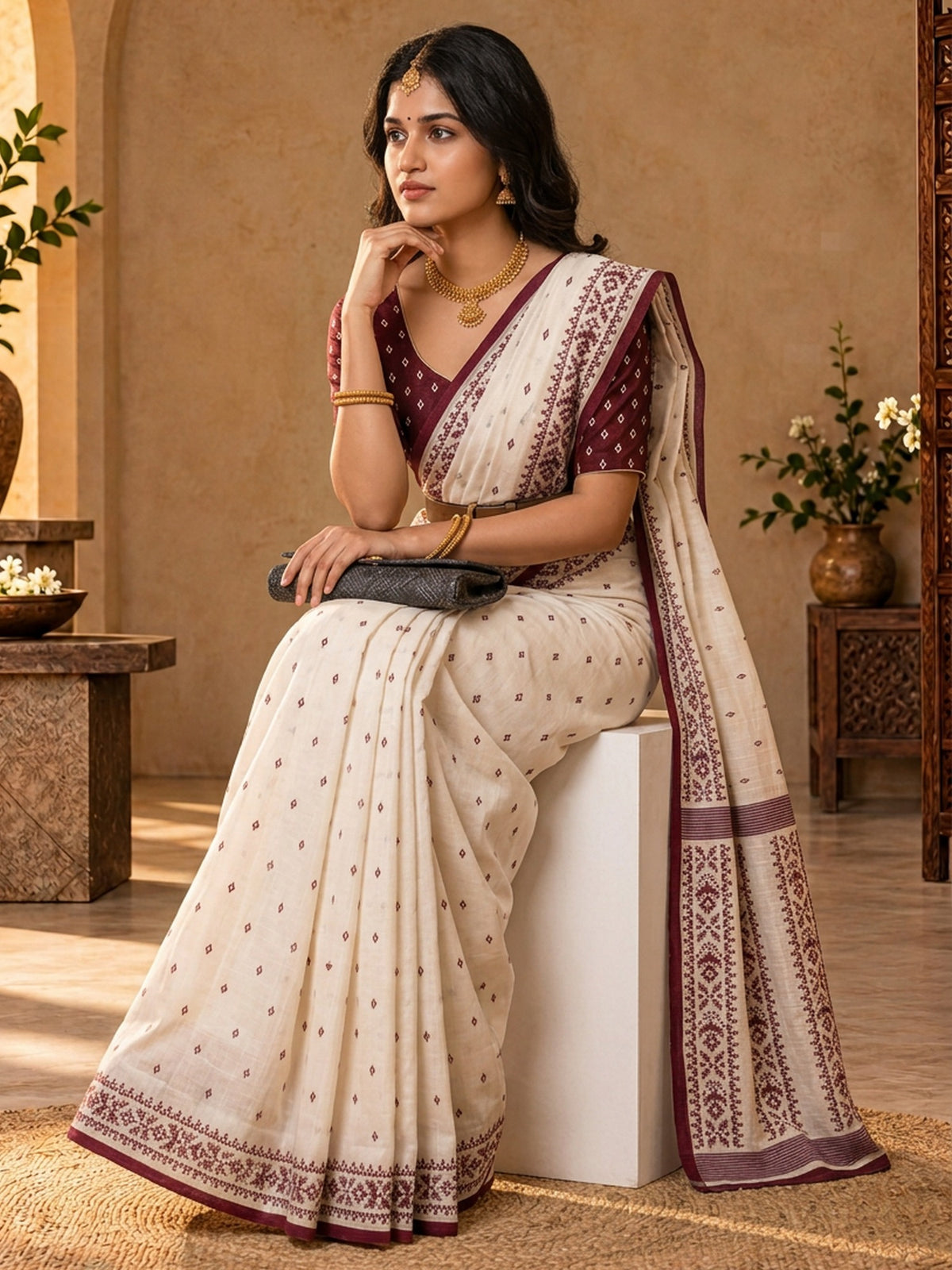 Off White tussar silk saree view 2