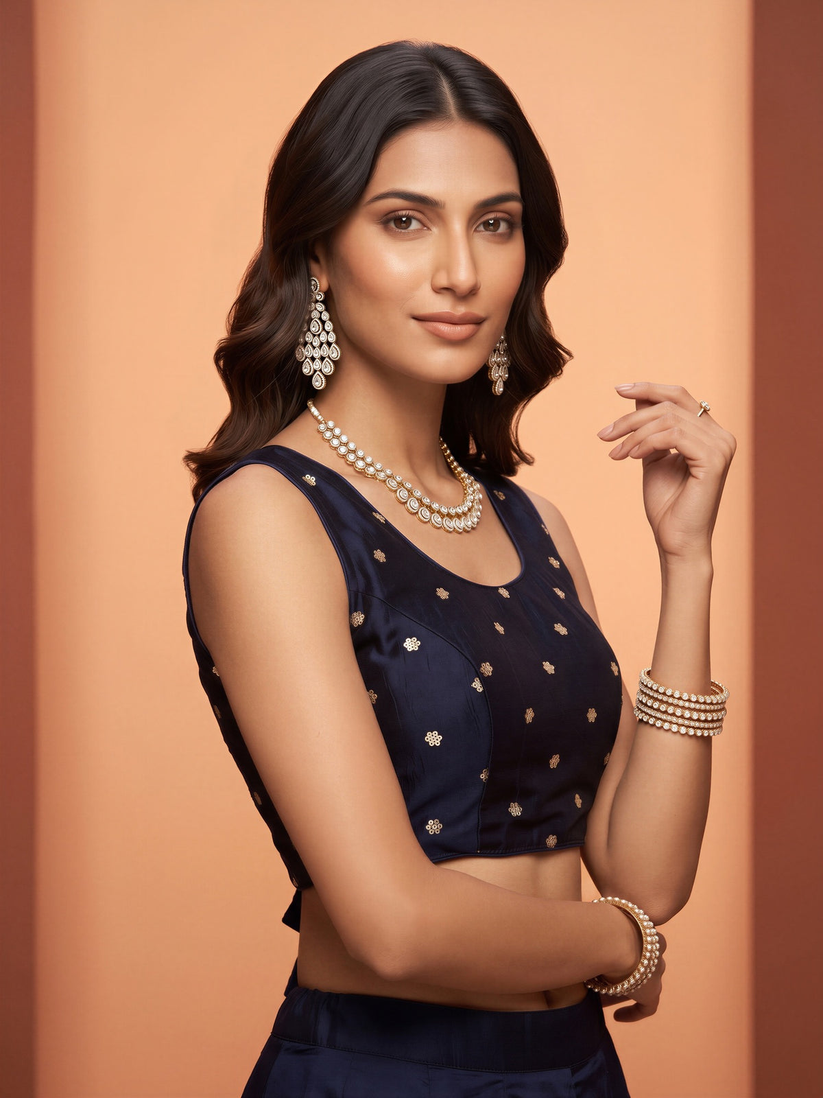 Black sequin embellished chinnon sleeveless readymade saree blouse with round neck view 2