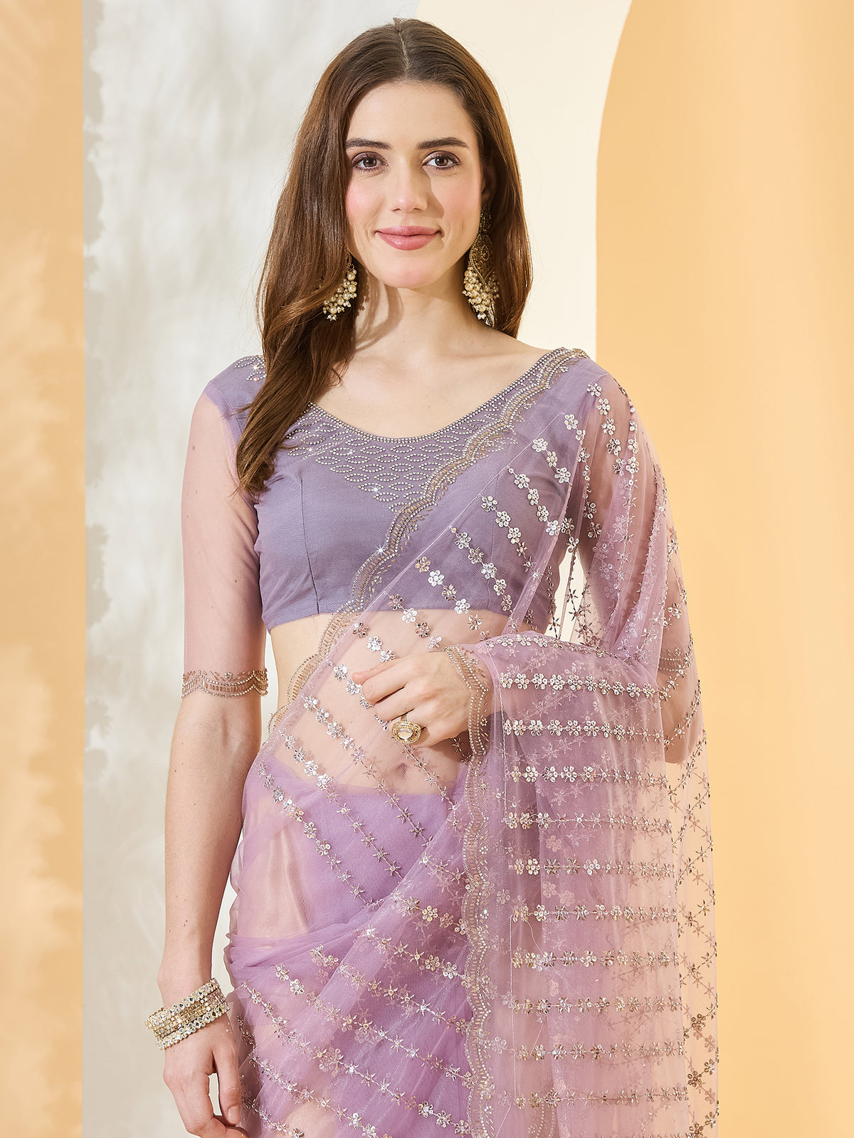 Lavender Net saree – detail view 4