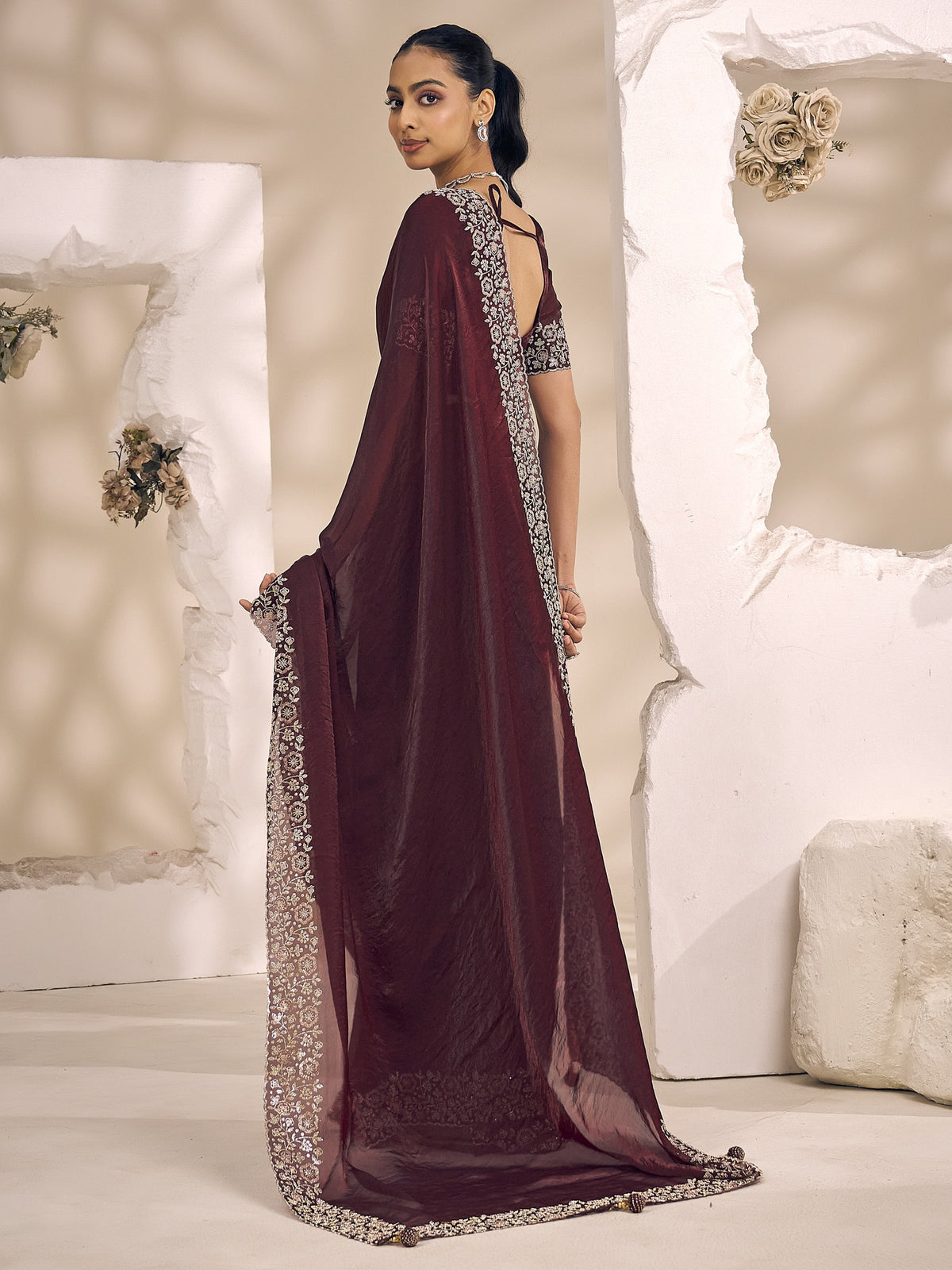 Wine satin silk saree view 2