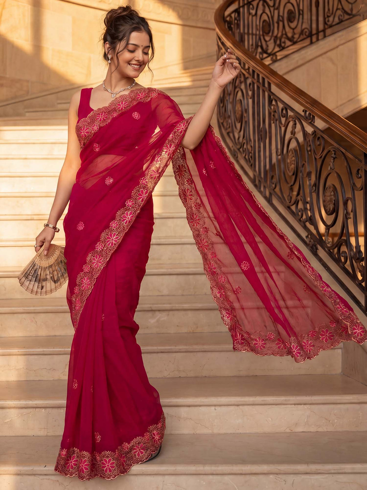 Red Chiffon saree – detail view 3