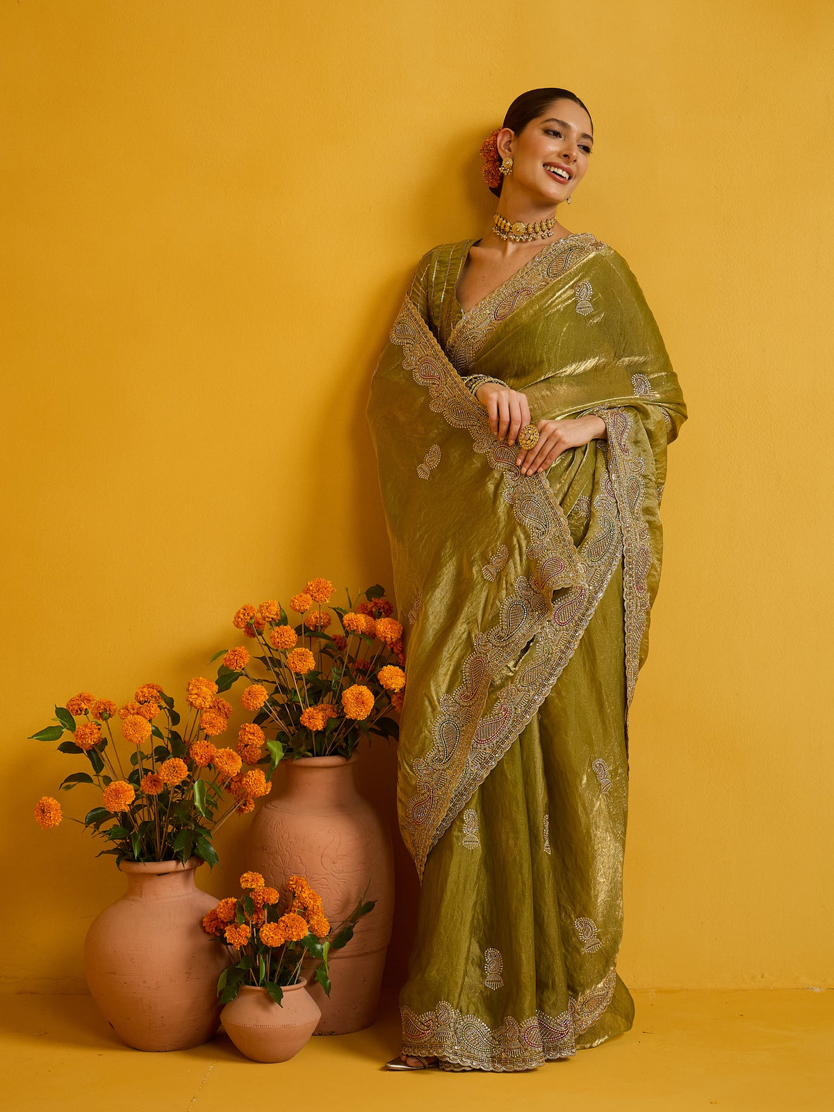 Olive Satin Silk saree – detail view 2