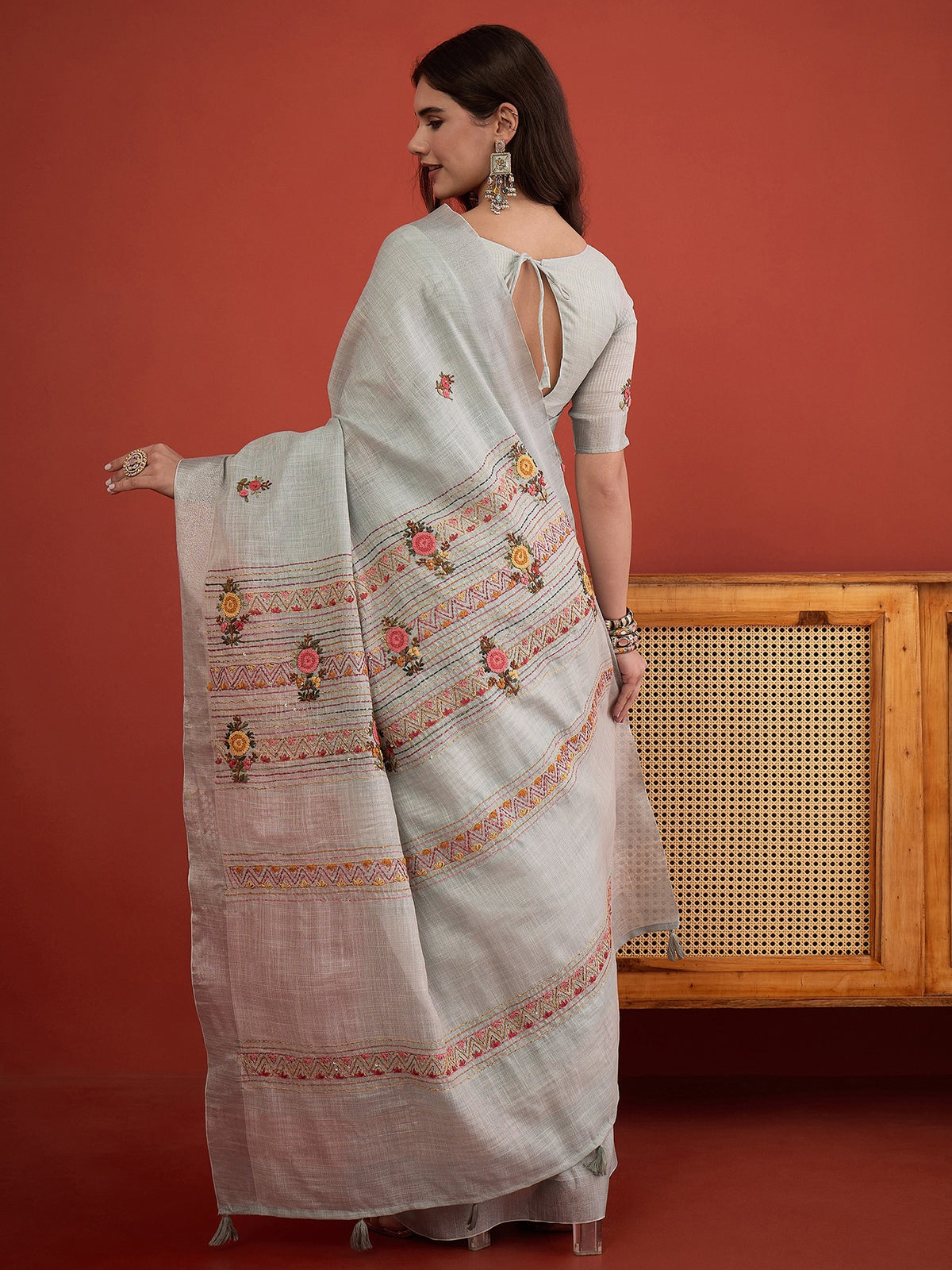 Light Blue linen blend saree view 2