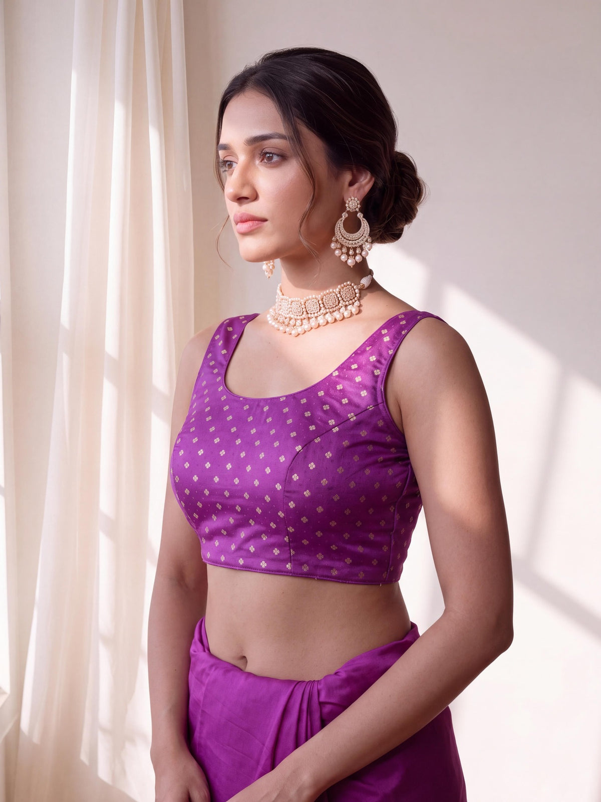 Violet zari woven silk blend sleeveless readymade saree blouse with round neck view 3