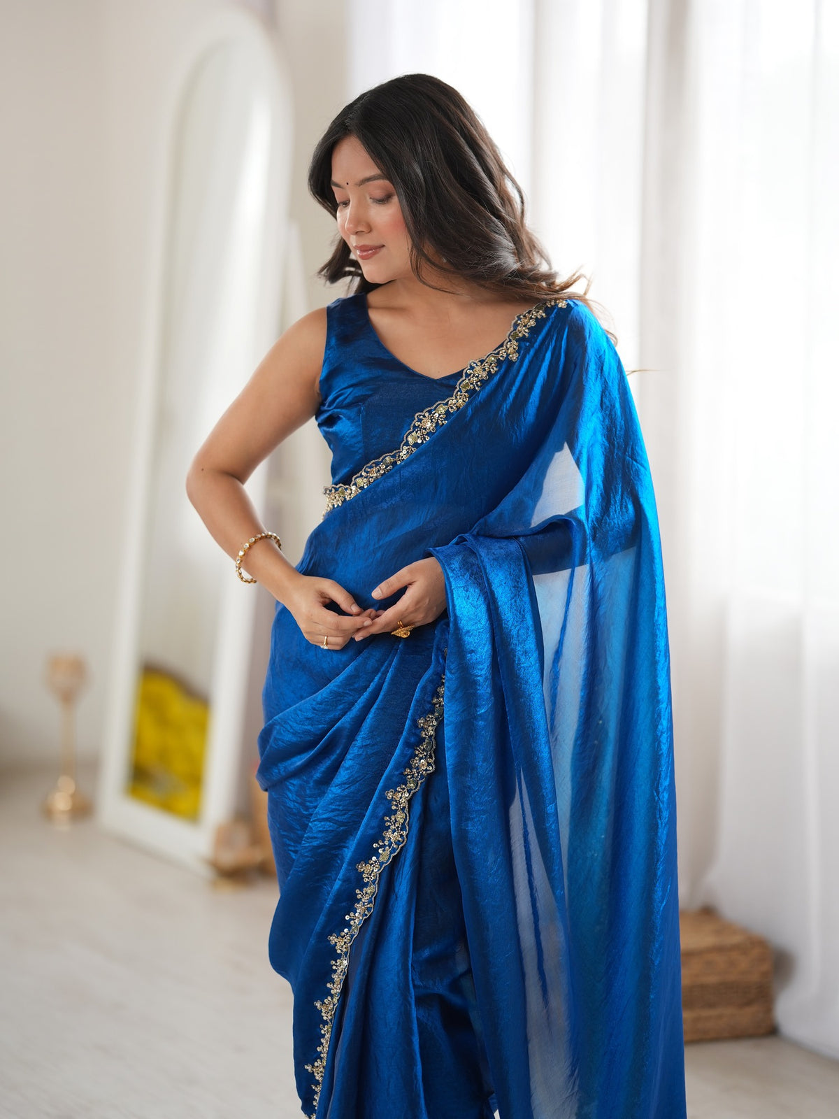 Teal Blue Satin saree – detail view 3