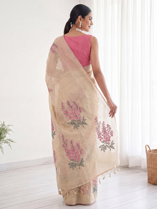 Cream Cotton Linen saree – detail view 1