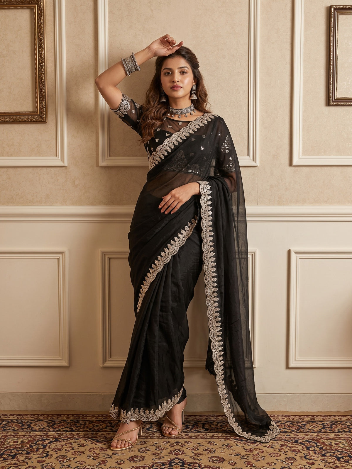 Black Satin saree – detail view 4