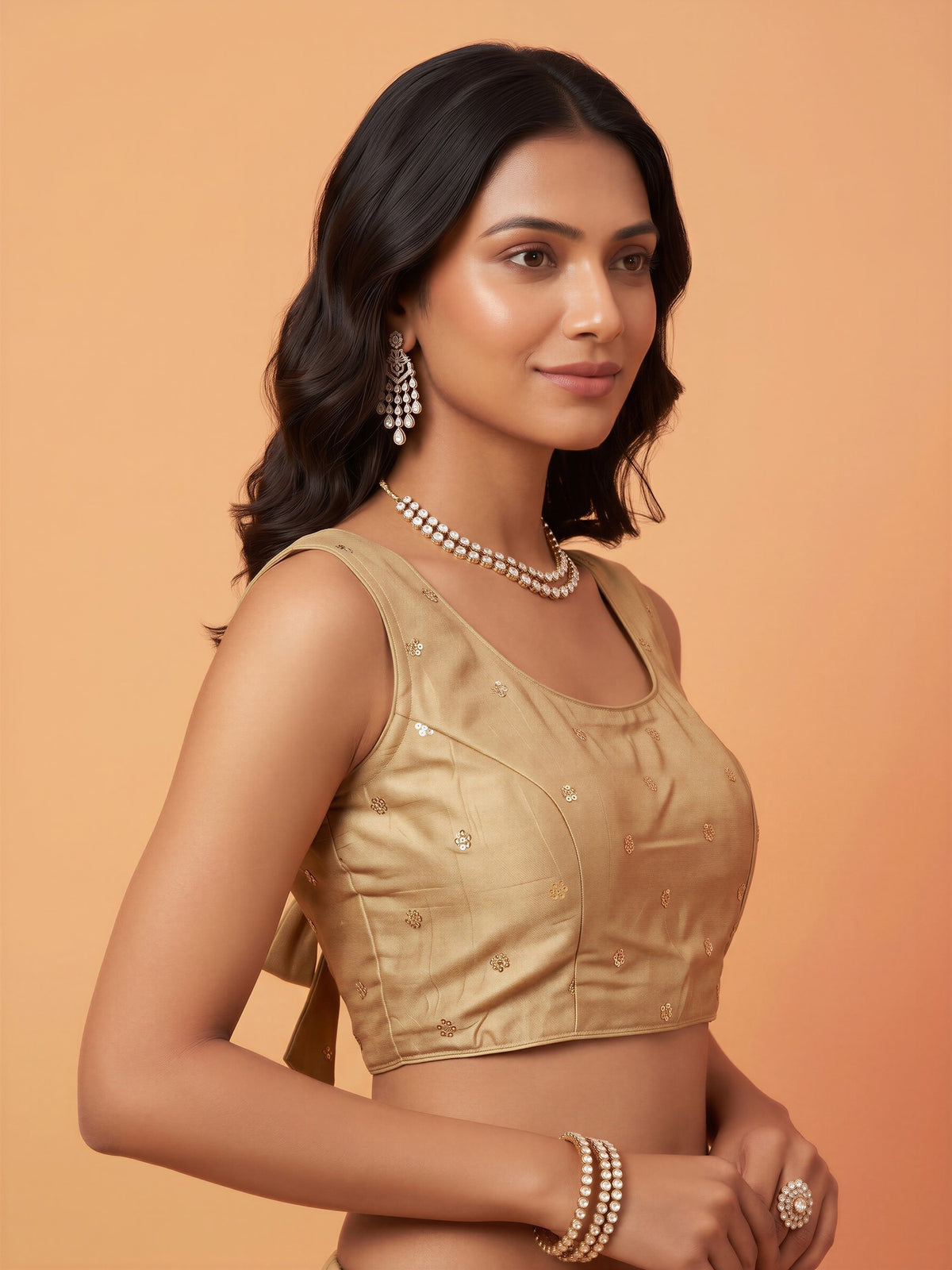 Gold sequin embellished chinnon sleeveless readymade saree blouse with round neck view 2