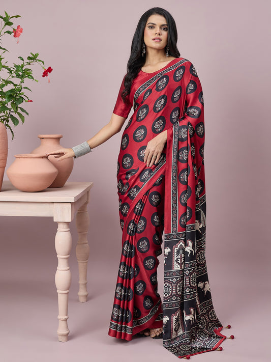 Maroon ethnic motif satin saree with maroon blouse piece