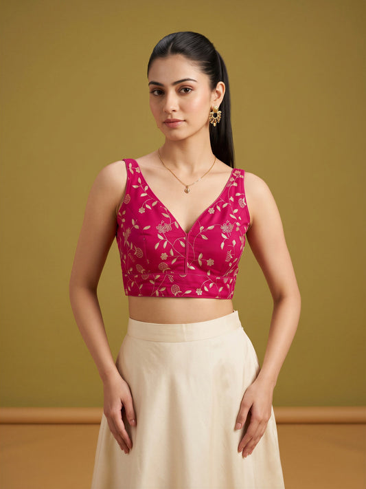 Pink sequin embellished silk blend sleeveless readymade saree blouse with v neck