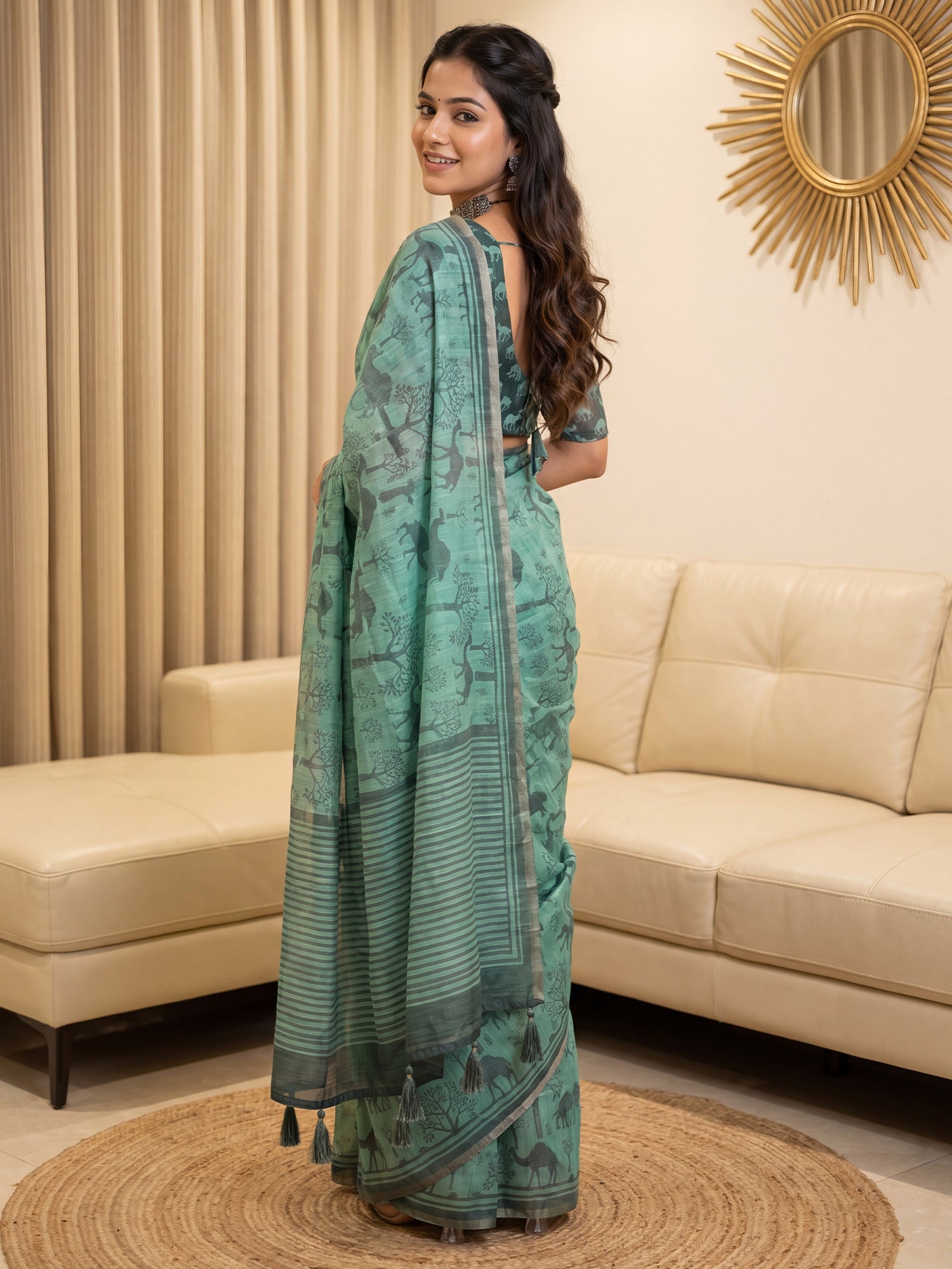 Turquoise Cotton Linen saree – detail view 1