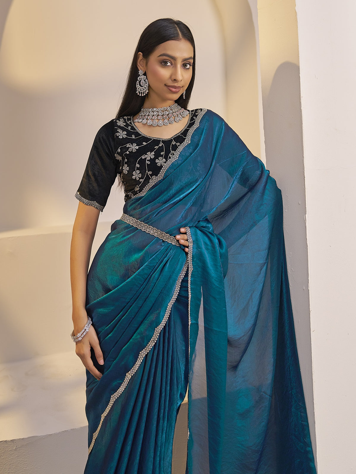 Teal Blue satin silk saree view 3