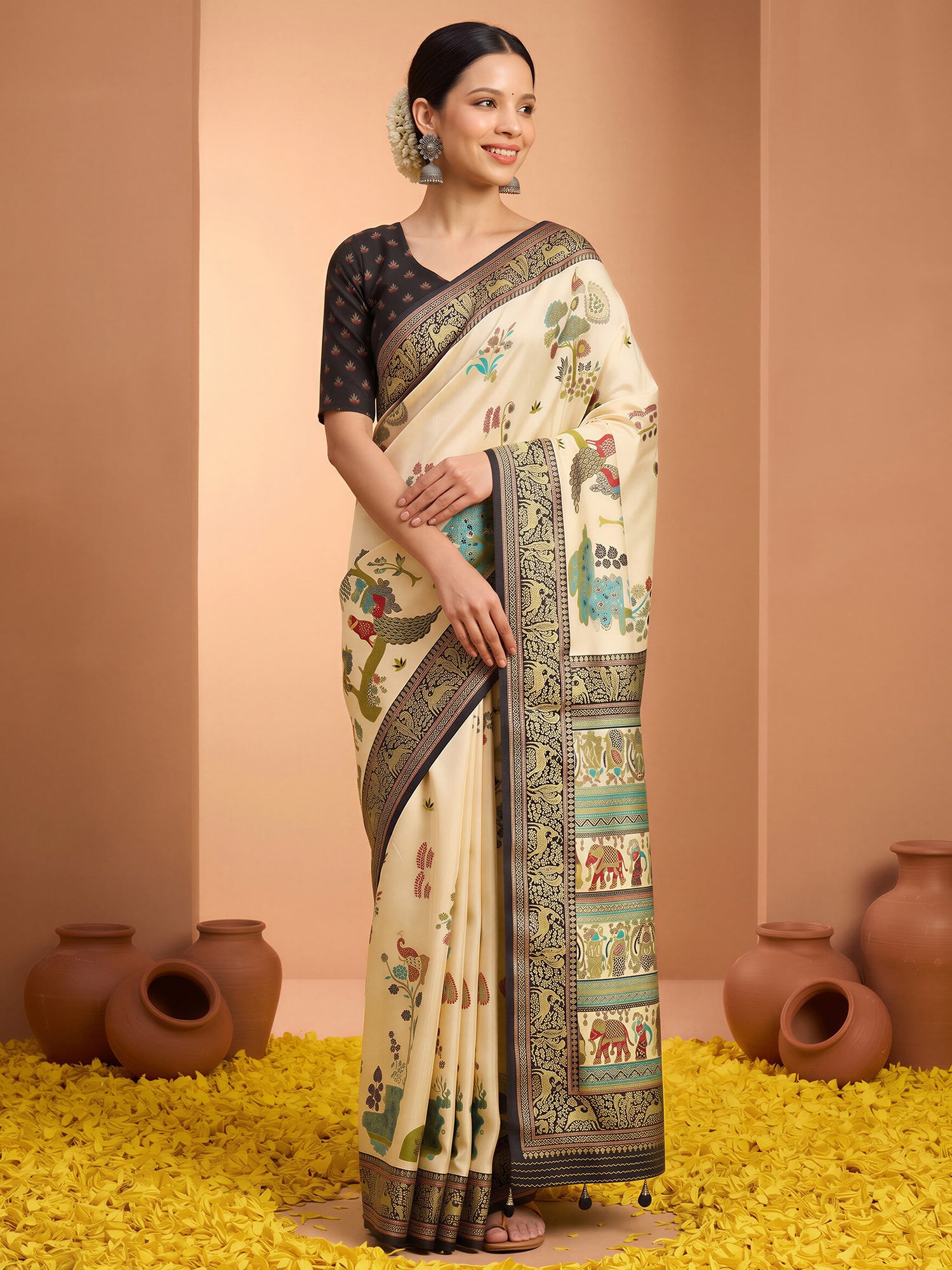 Woman wearing cream silk blend saree with metallic foil print work and black blouse