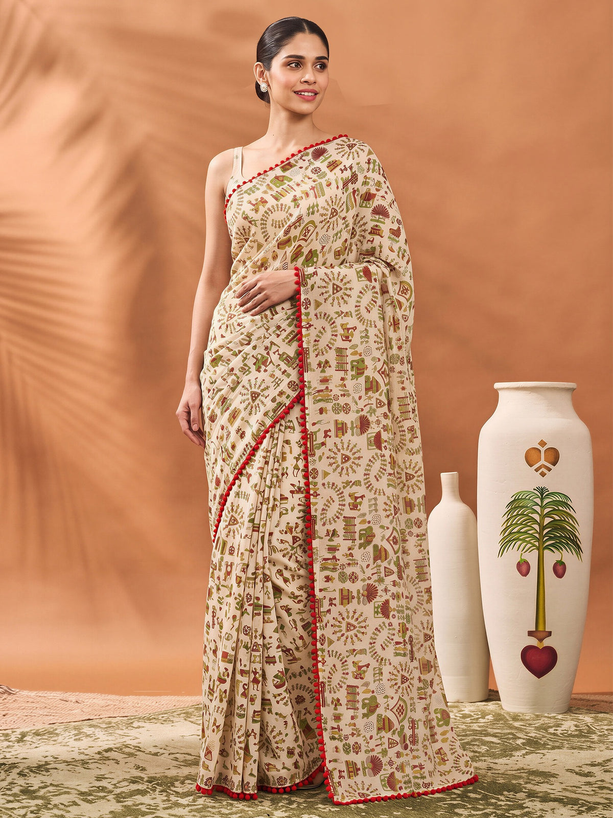 Beige tribal georgette saree with beige blouse piece