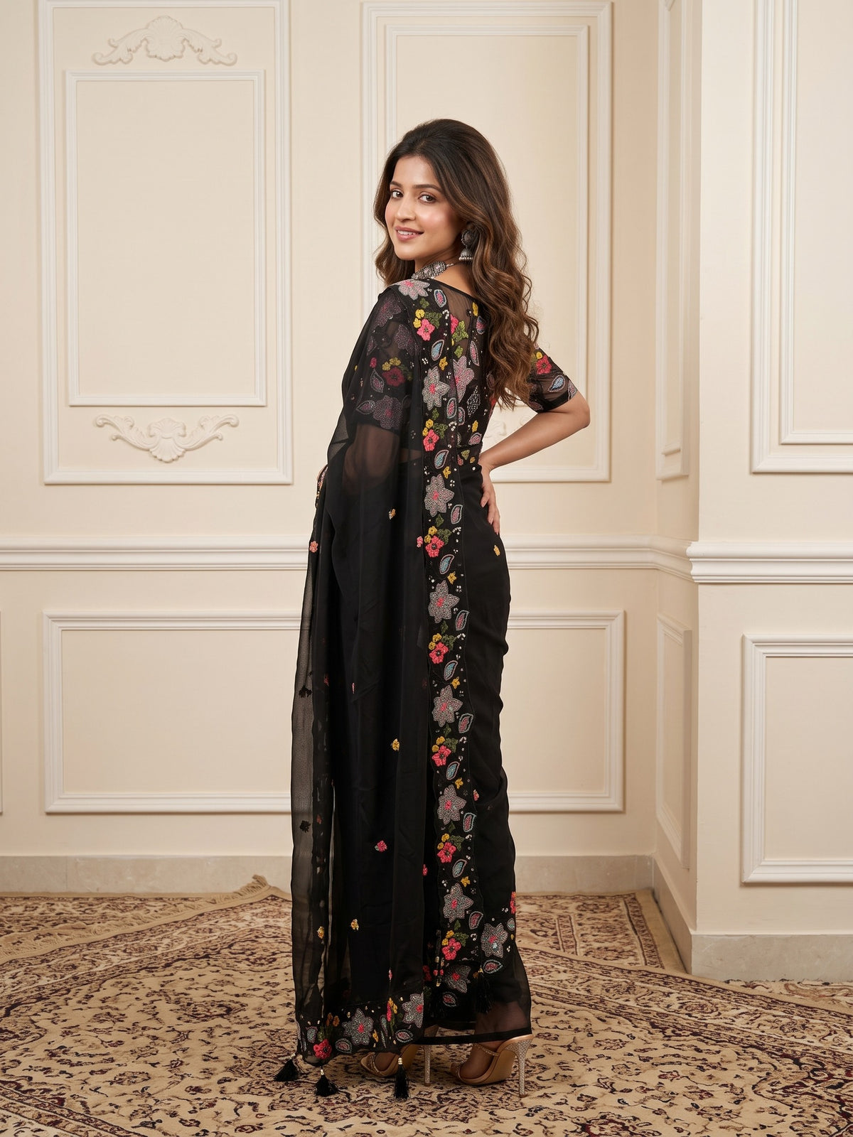 Black Georgette saree – detail view 4