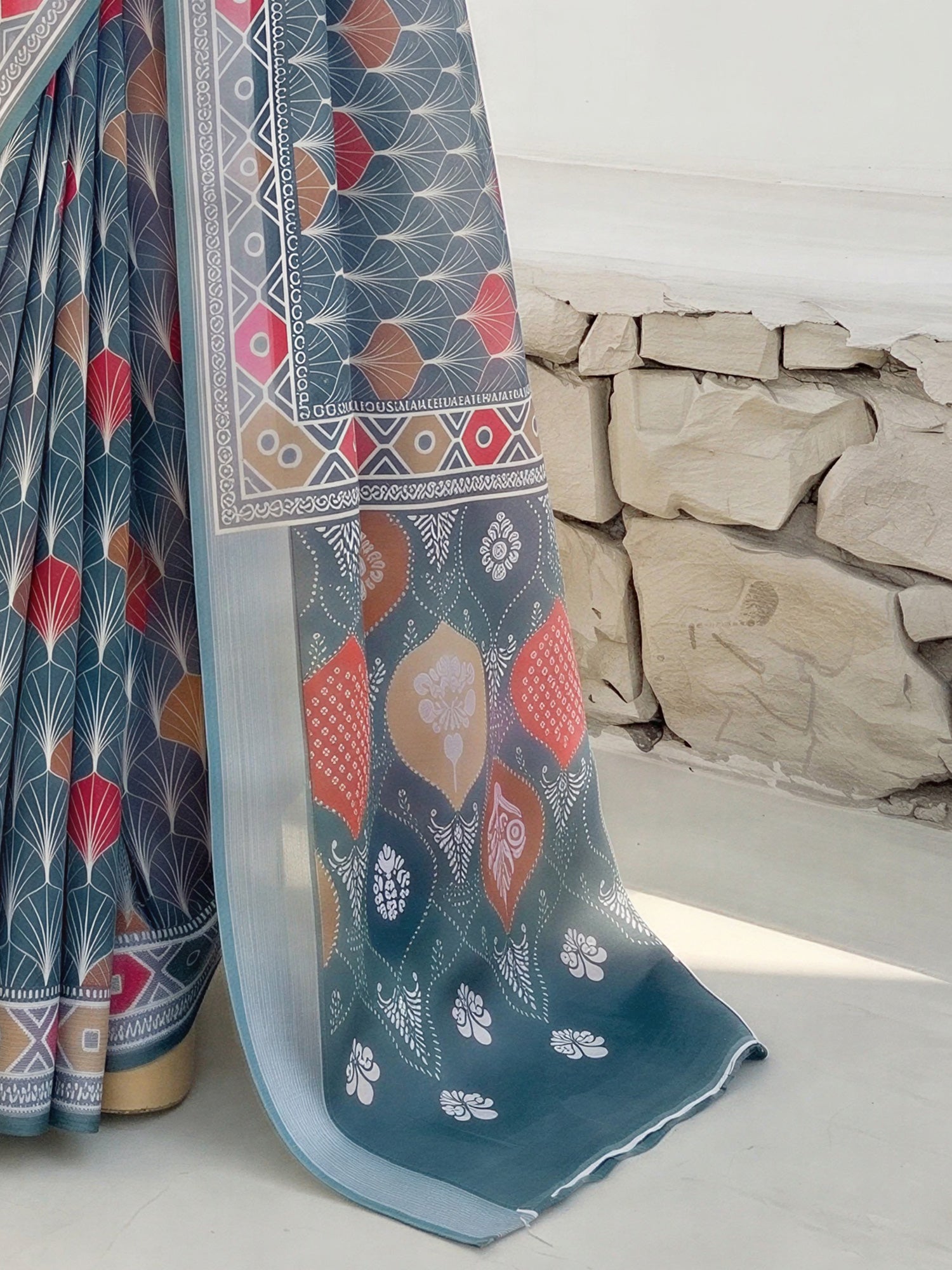Sea Green Cotton Linen saree – detail view 5