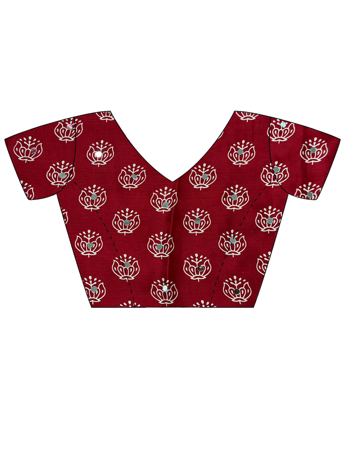 Unstitched red satin blouse piece with ajrak design