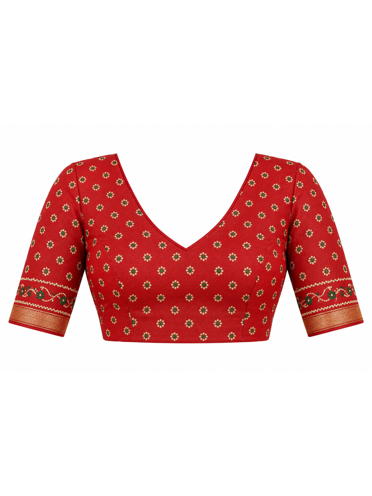 Unstitched red silk blend blouse piece with ikat design