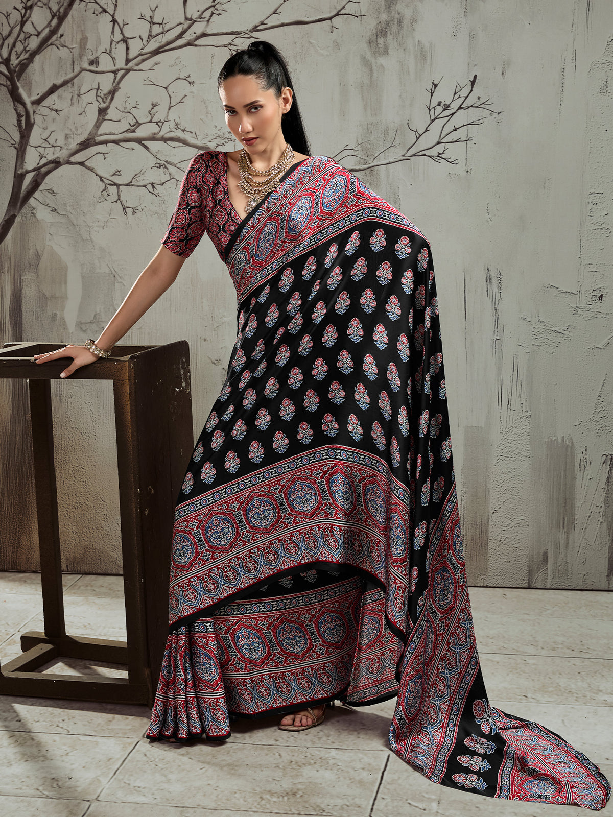 Black ajrak satin saree with maroon blouse piece
